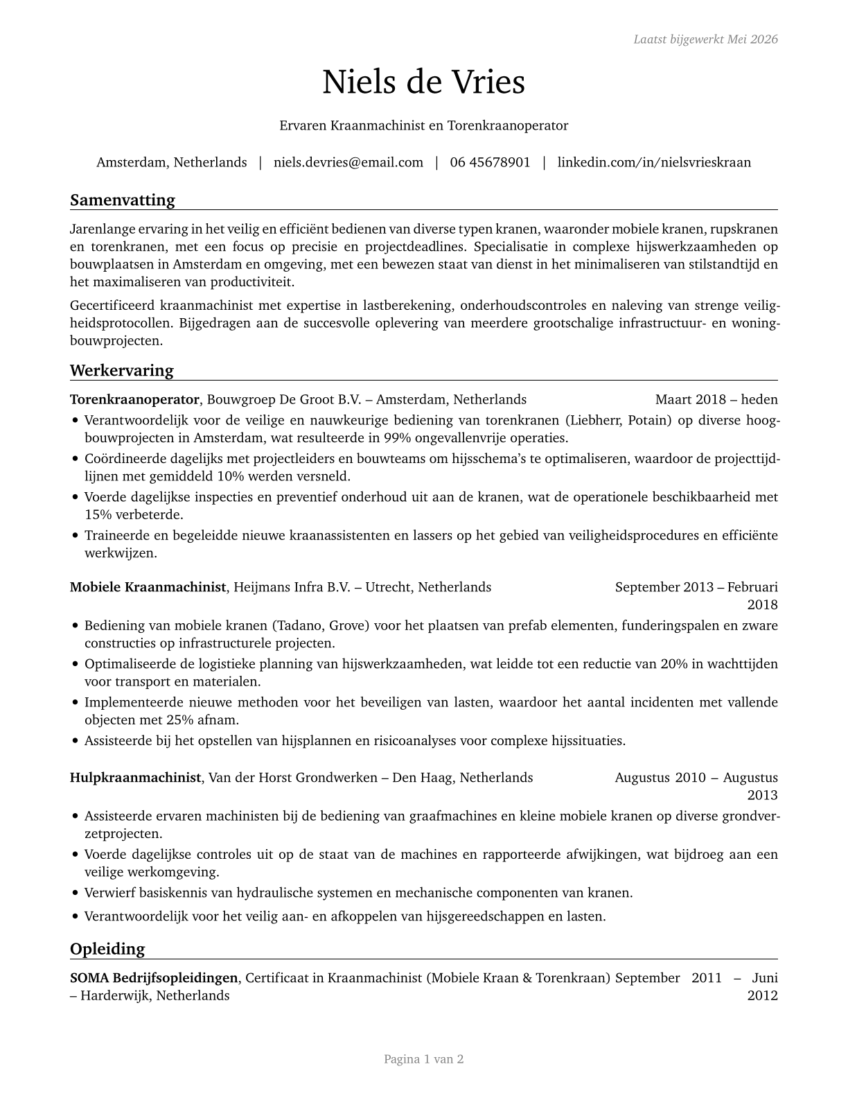 Crane and Tower Operators CV in Dutch — page 1