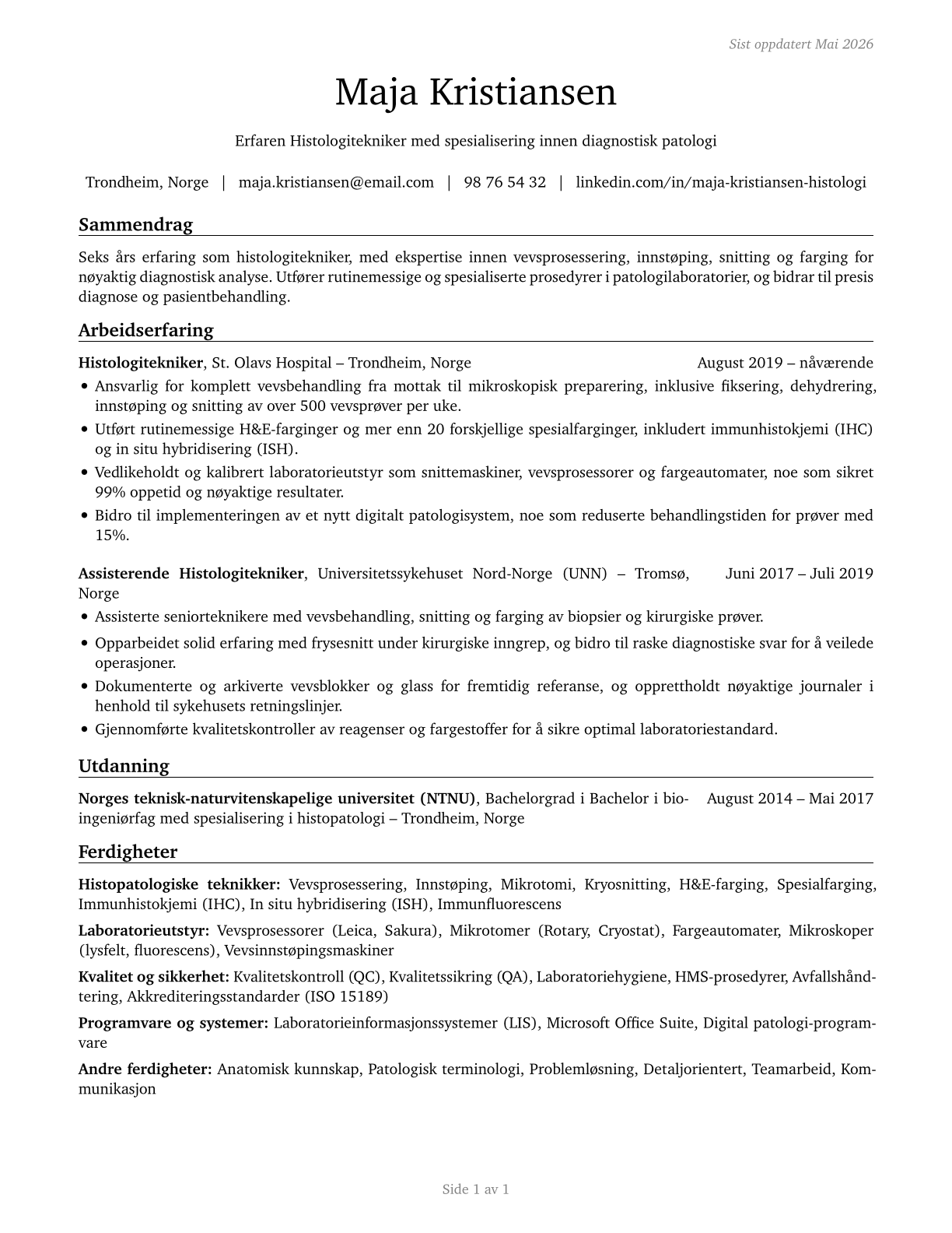 Histology Technicians CV in Norwegian_bokmal — page 1