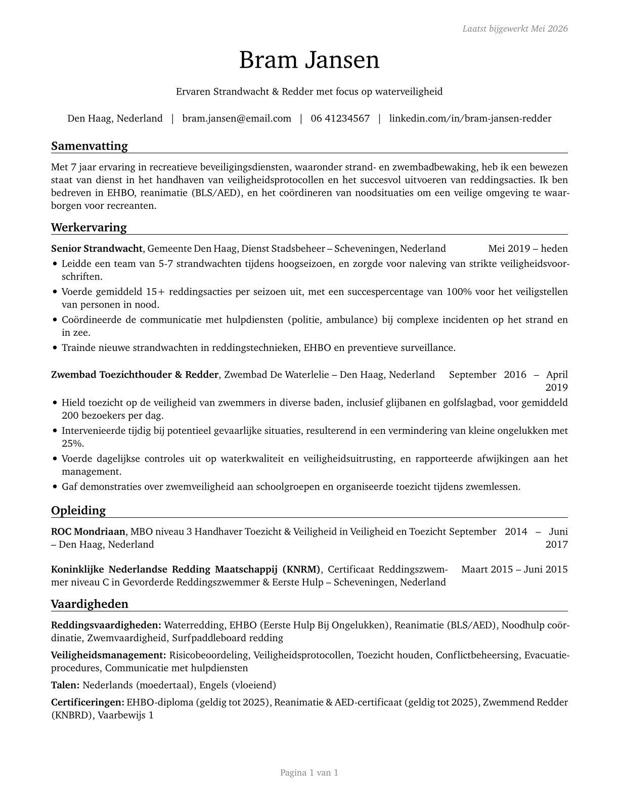 Lifeguards, Ski Patrol, and Other Recreational Protective Service Workers CV in Dutch — page 1