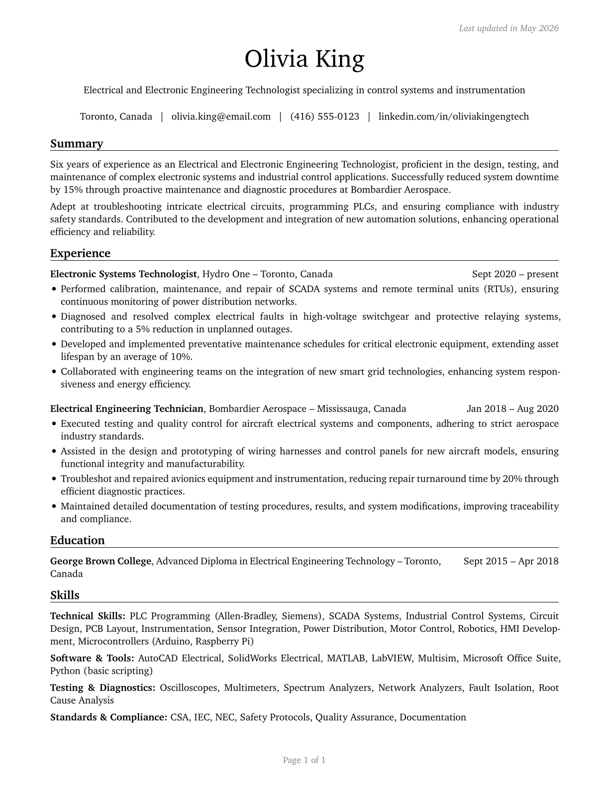 Electrical and Electronic Engineering Technologists and Technicians CV in English — page 1