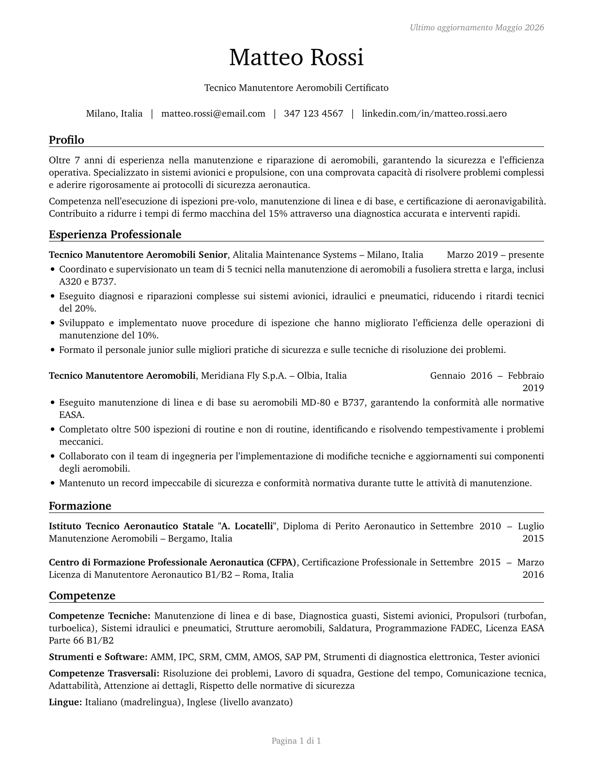 Aircraft Mechanics and Service Technicians CV in Italian — page 1
