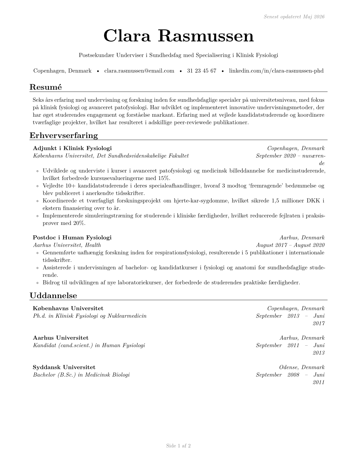 Health Specialties Teachers, Postsecondary CV in Danish — page 1