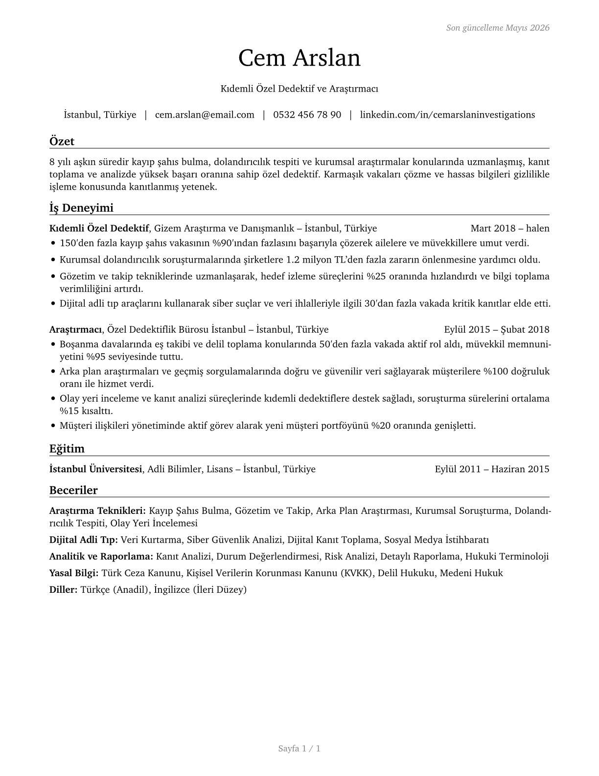 Private Detectives and Investigators CV in Turkish — page 1