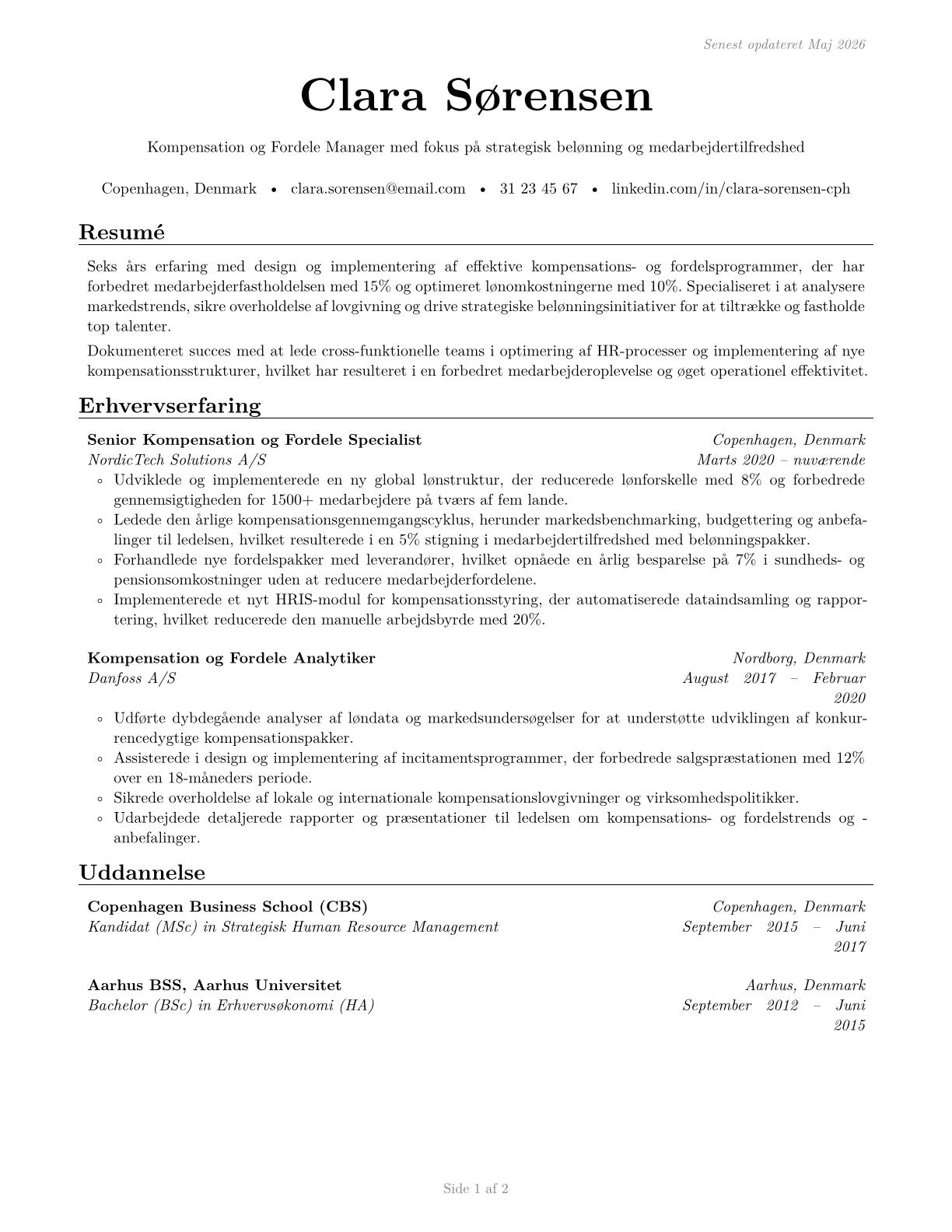 Compensation and Benefits Managers CV in Danish — page 1
