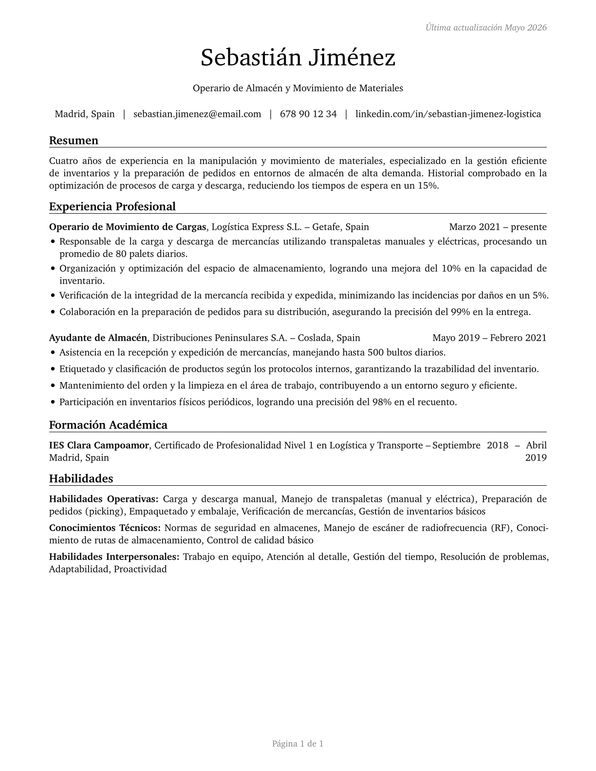 Laborers and Freight, Stock, and Material Movers, Hand CV in Spanish — page 1