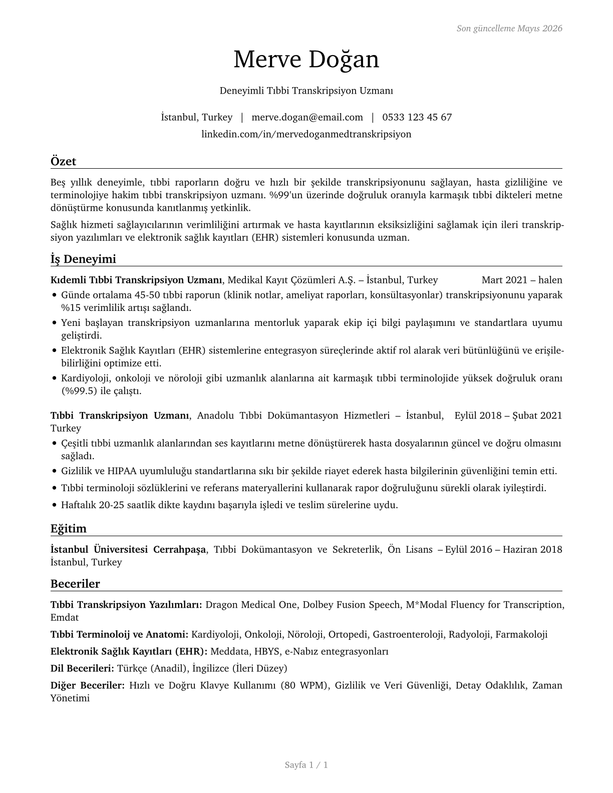 Medical Transcriptionists CV in Turkish — page 1