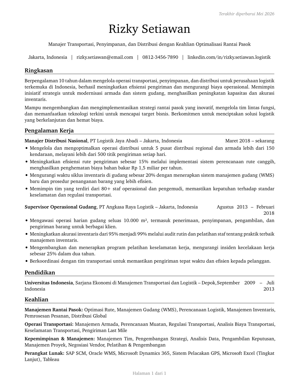 Transportation, Storage, and Distribution Managers CV in Indonesian — page 1