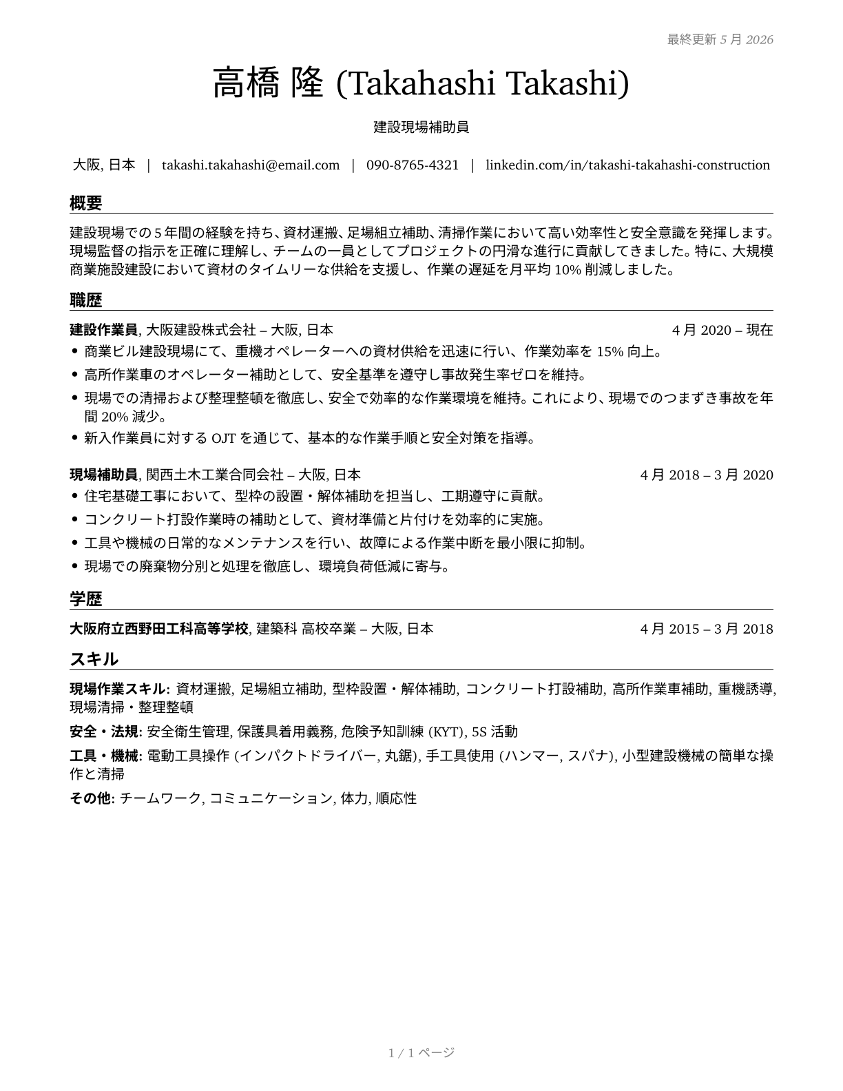 Helpers, Construction Trades, All Other CV in Japanese — page 1