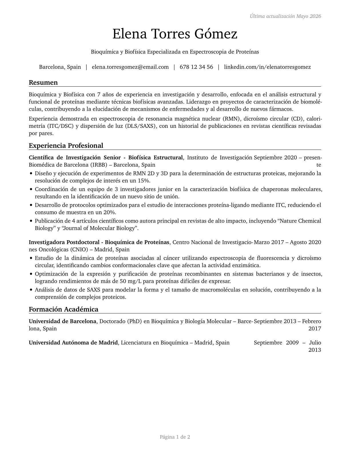 Biochemists and Biophysicists CV in Spanish — page 1