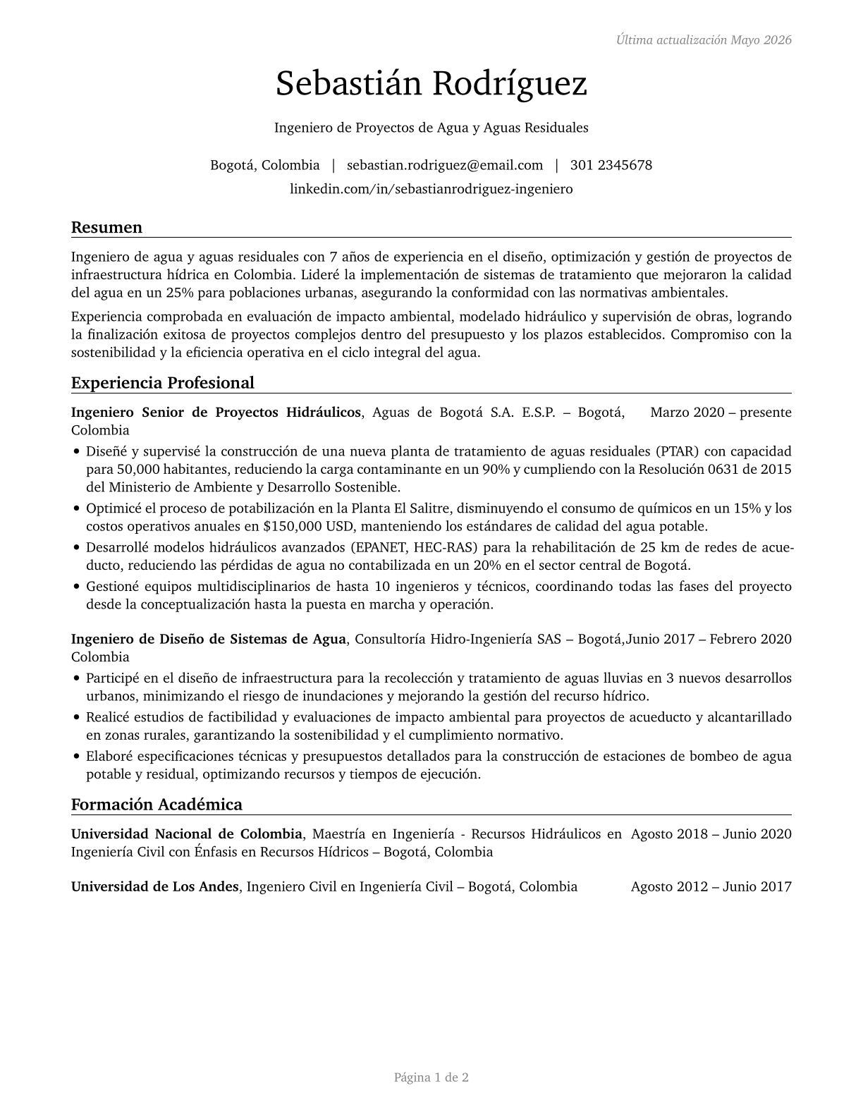 Water/Wastewater Engineers CV in Spanish — page 1