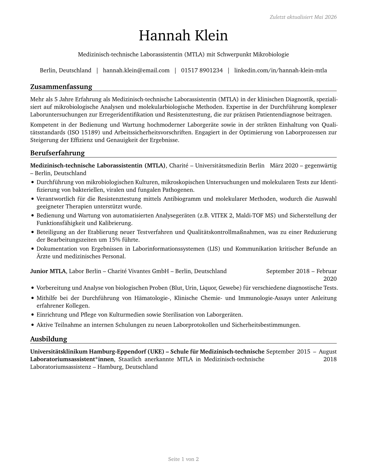 Medical and Clinical Laboratory Technicians CV in German — page 1