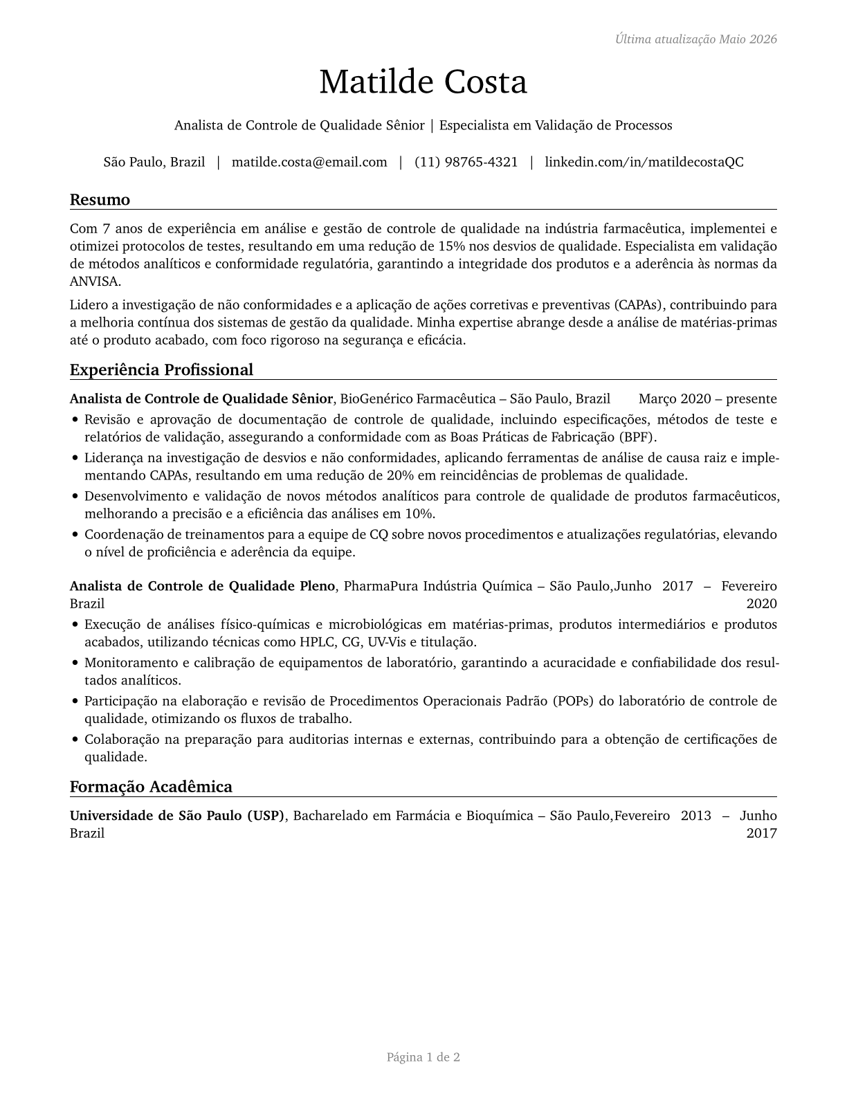 Quality Control Analysts CV in Portuguese — page 1