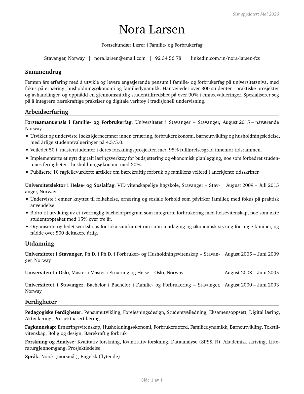 Family and Consumer Sciences Teachers, Postsecondary CV in Norwegian_bokmal — page 1