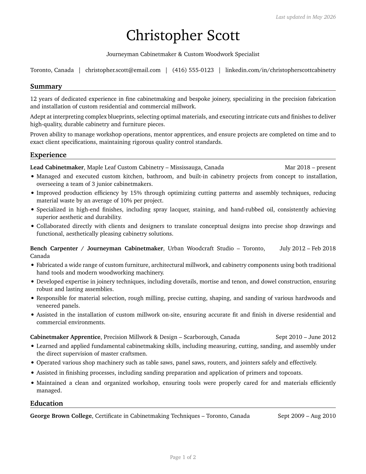 Cabinetmakers and Bench Carpenters CV in English — page 1