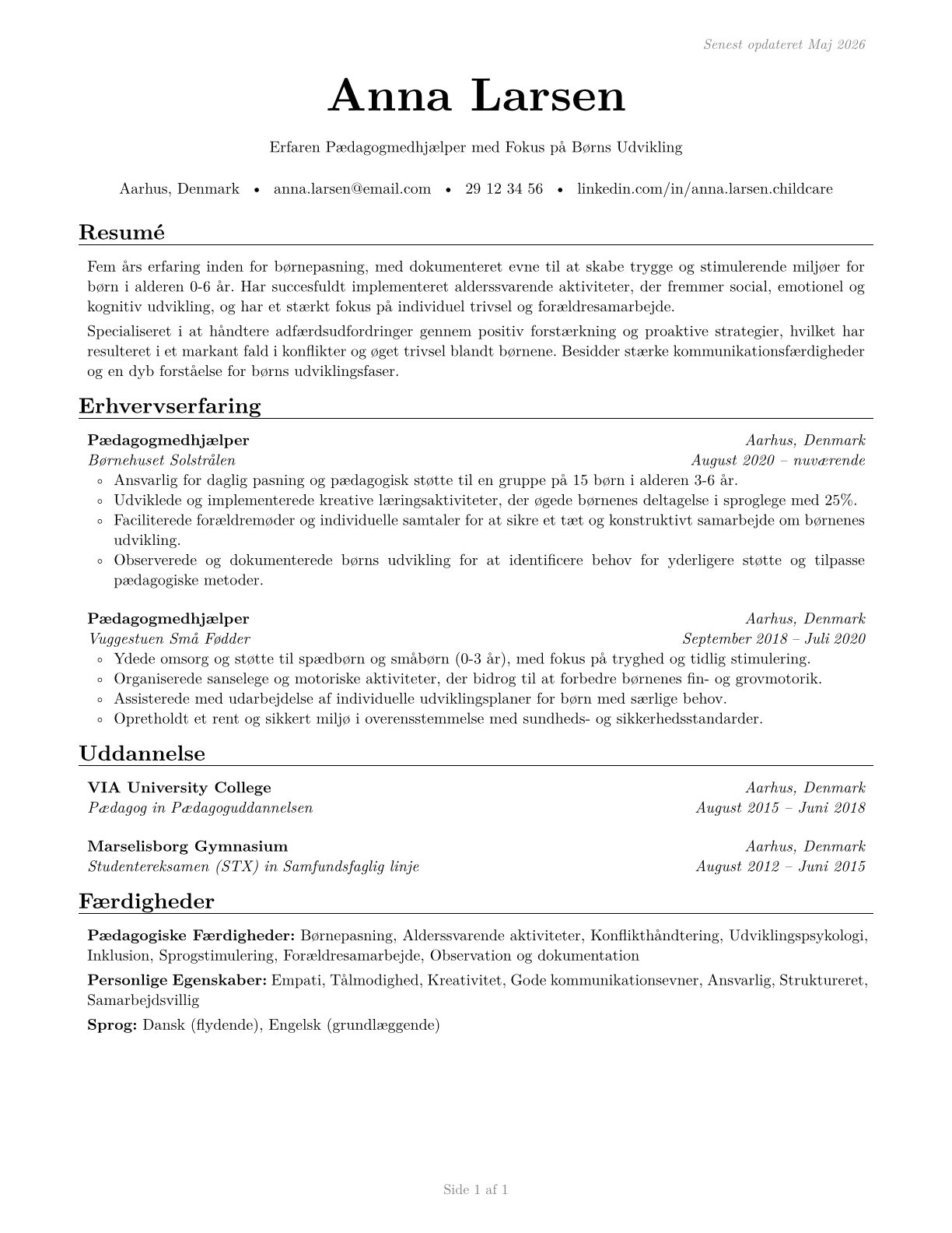 Childcare Workers CV in Danish — page 1