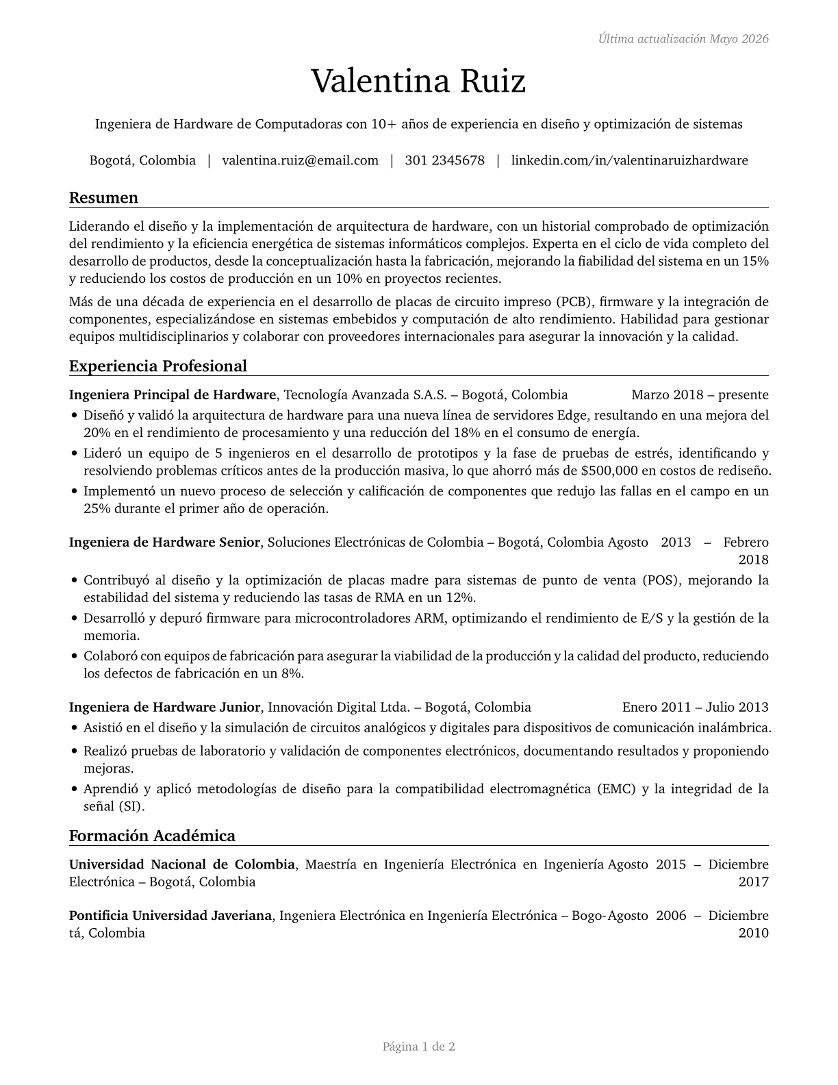 Computer Hardware Engineers CV in Spanish — page 1