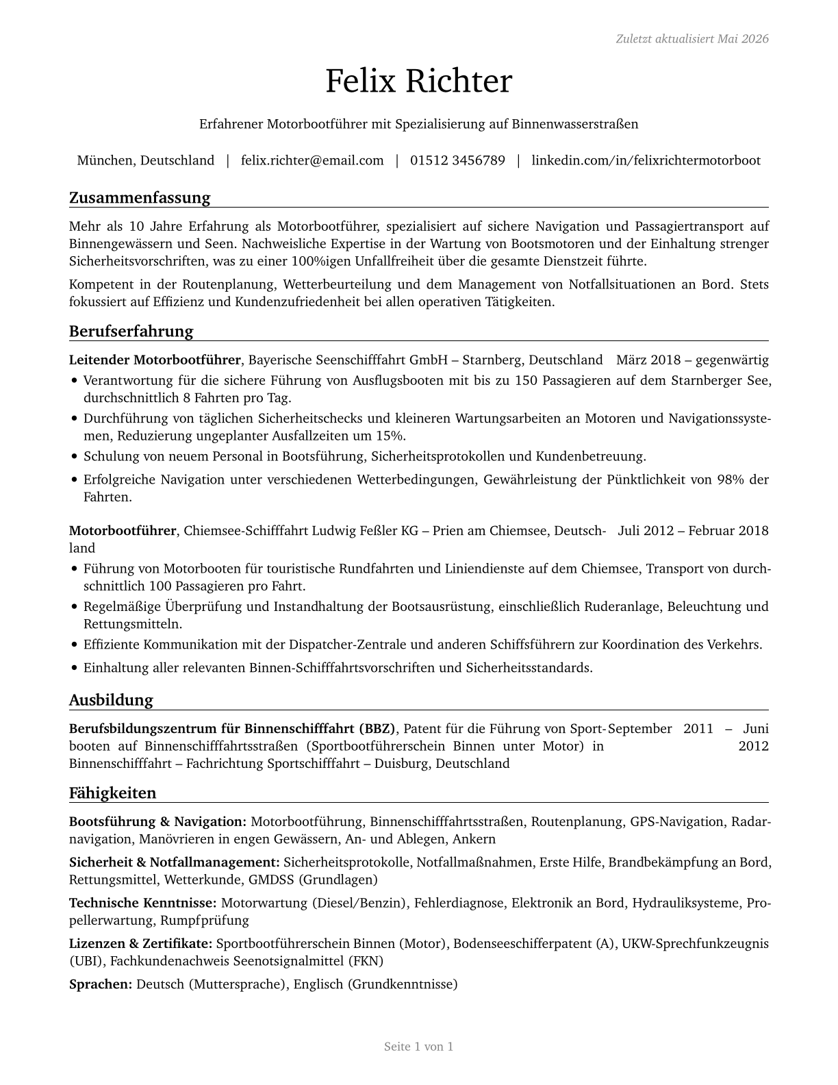 Motorboat Operators CV in German — page 1