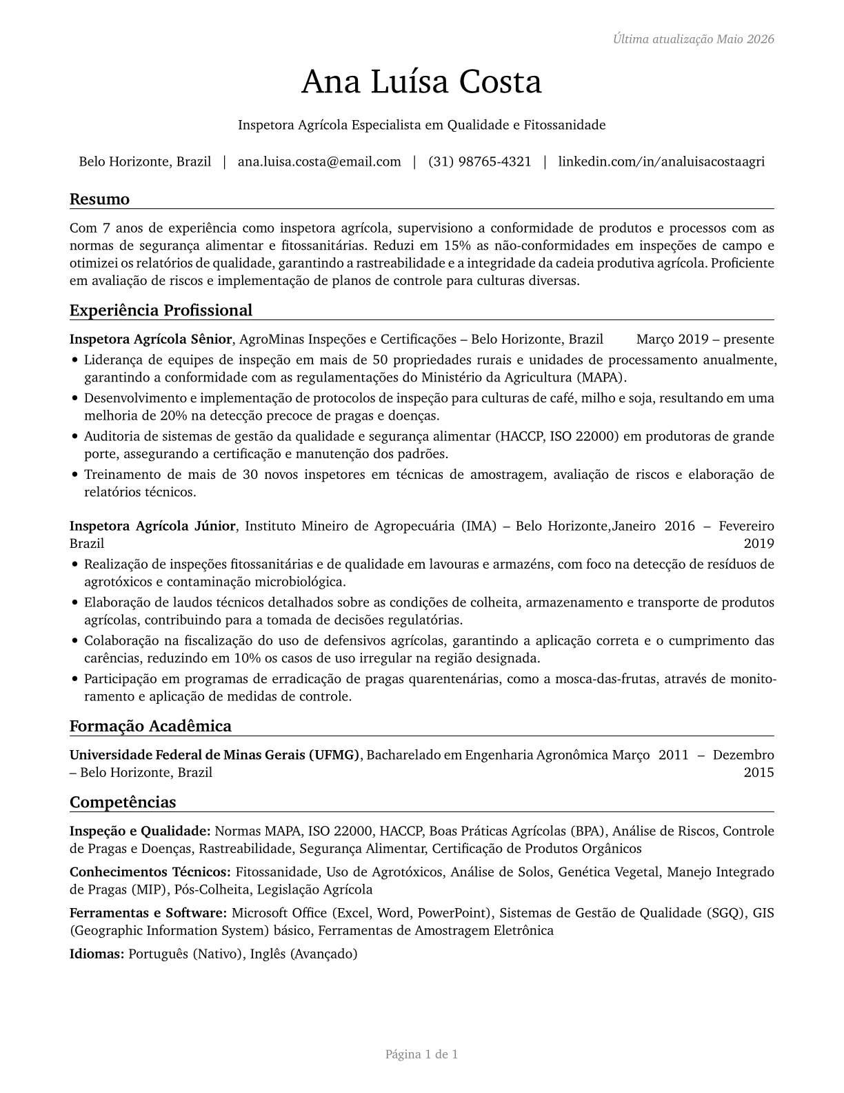Agricultural Inspectors CV in Portuguese — page 1
