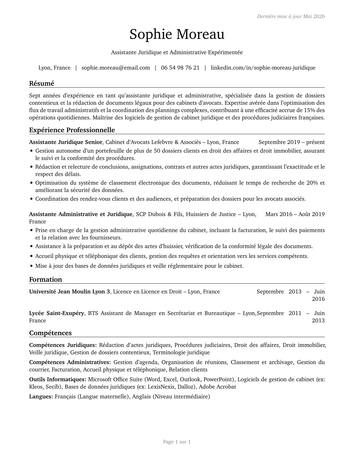 Legal Secretaries and Administrative Assistants CV in French — page 1