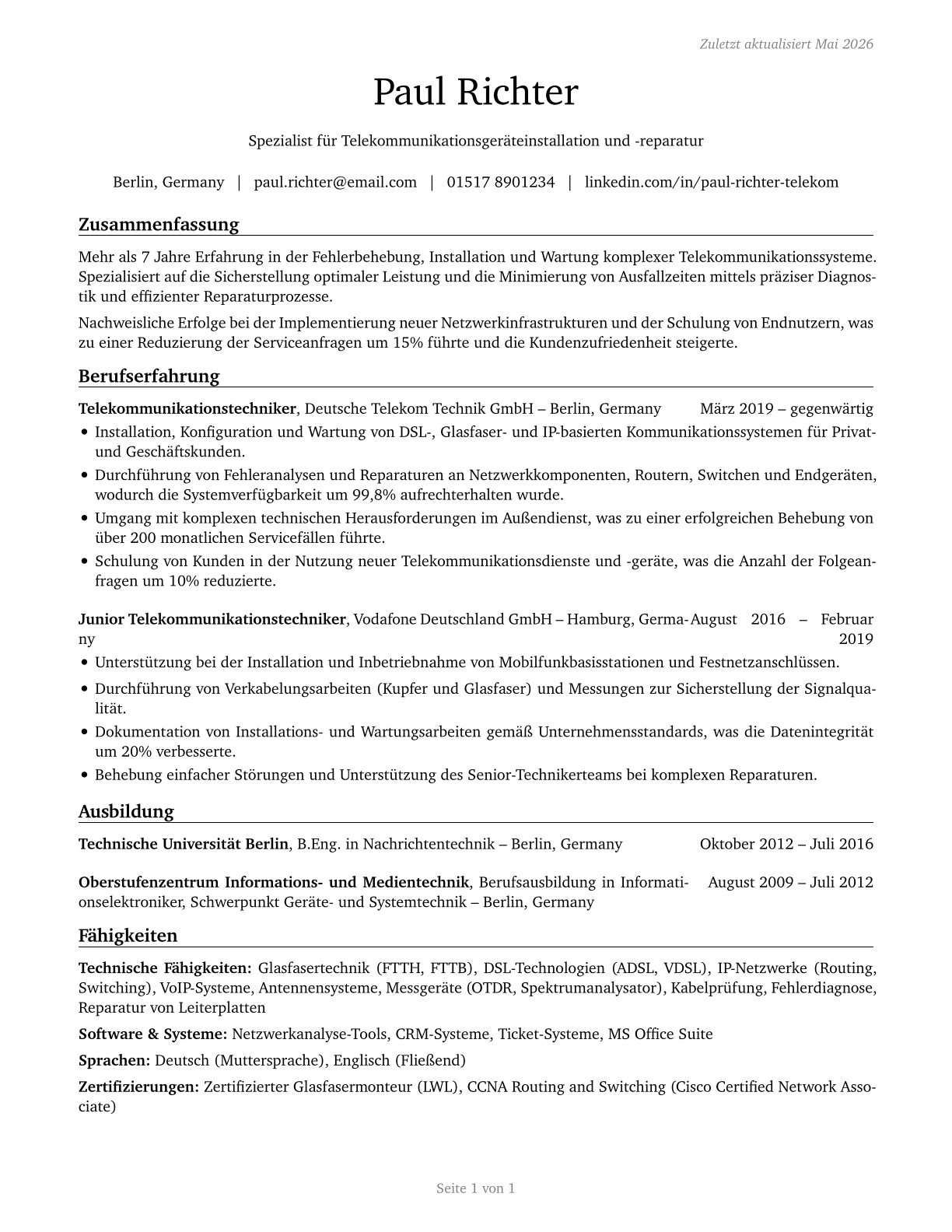 Telecommunications Equipment Installers and Repairers, Except Line Installers CV in German — page 1