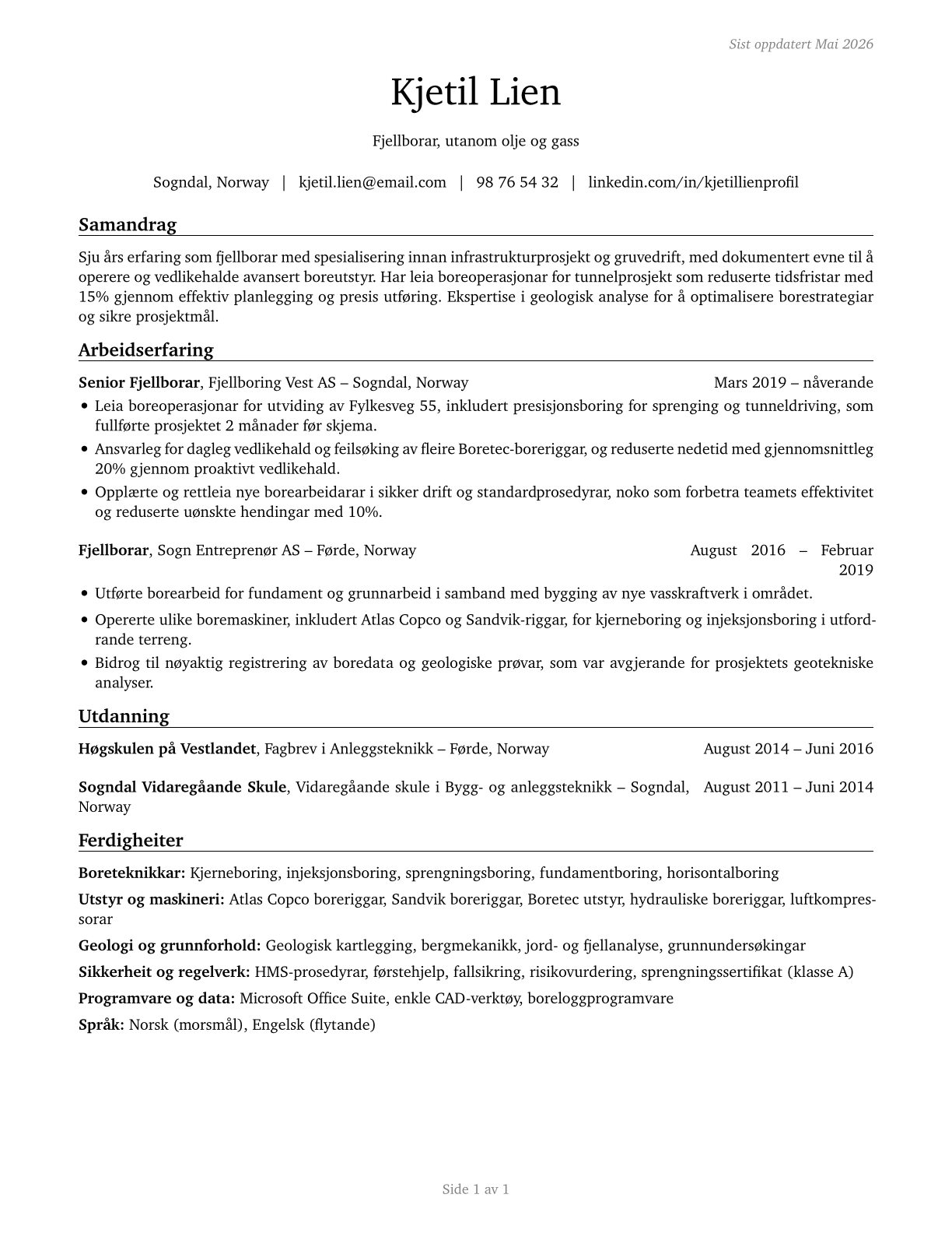 Earth Drillers, Except Oil and Gas CV in Norwegian_nynorsk — page 1