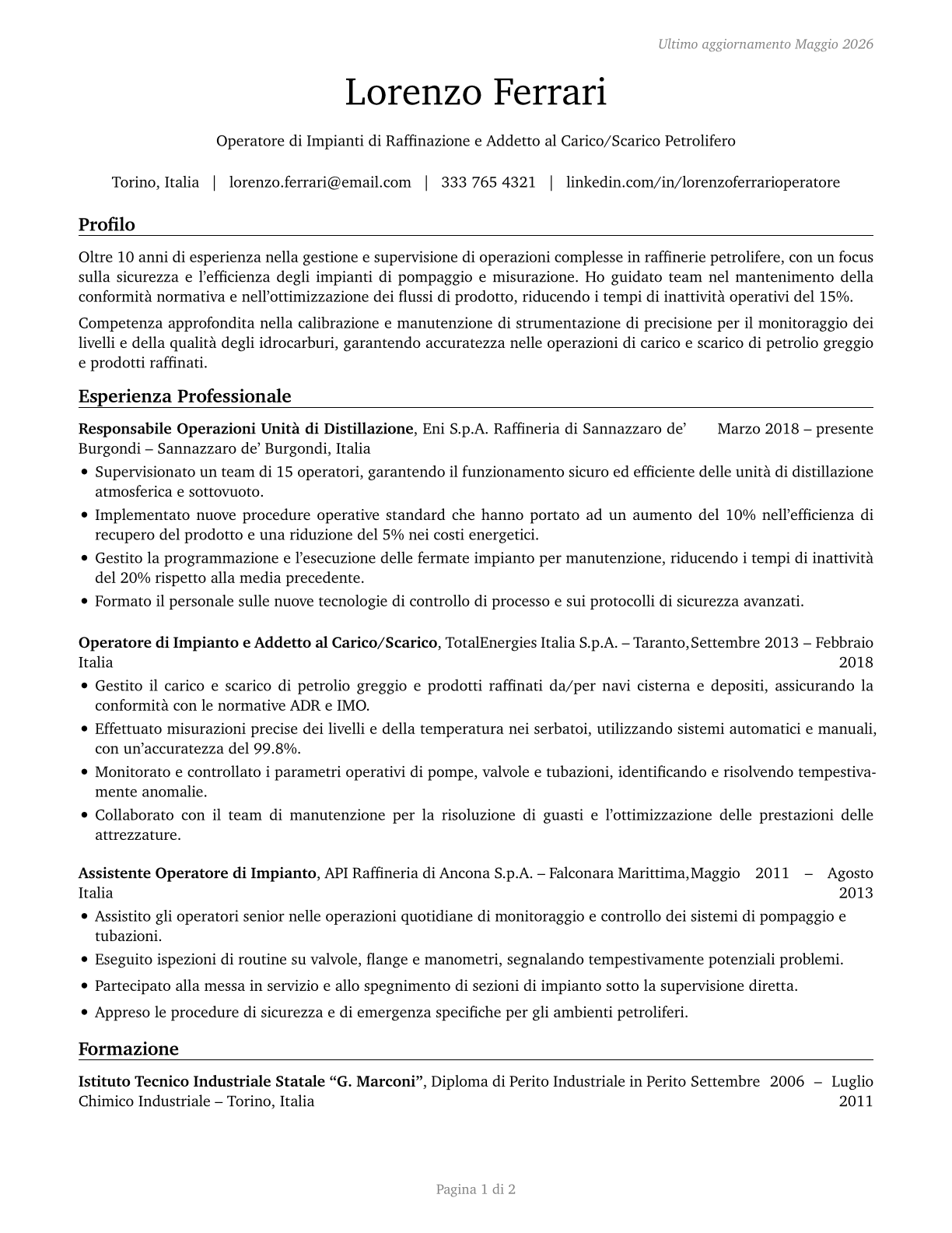 Petroleum Pump System Operators, Refinery Operators, and Gaugers CV in Italian — page 1