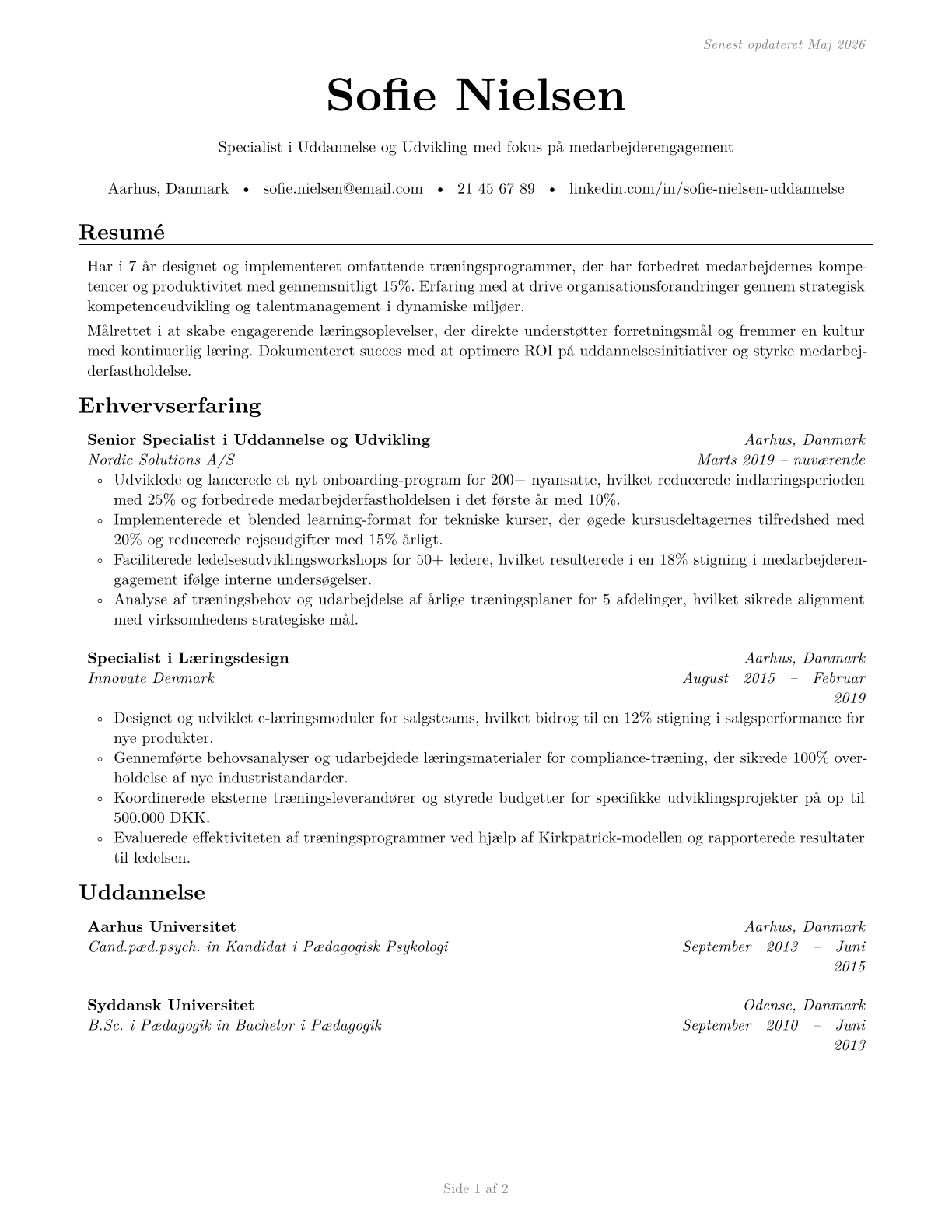 Training and Development Specialists CV in Danish — page 1