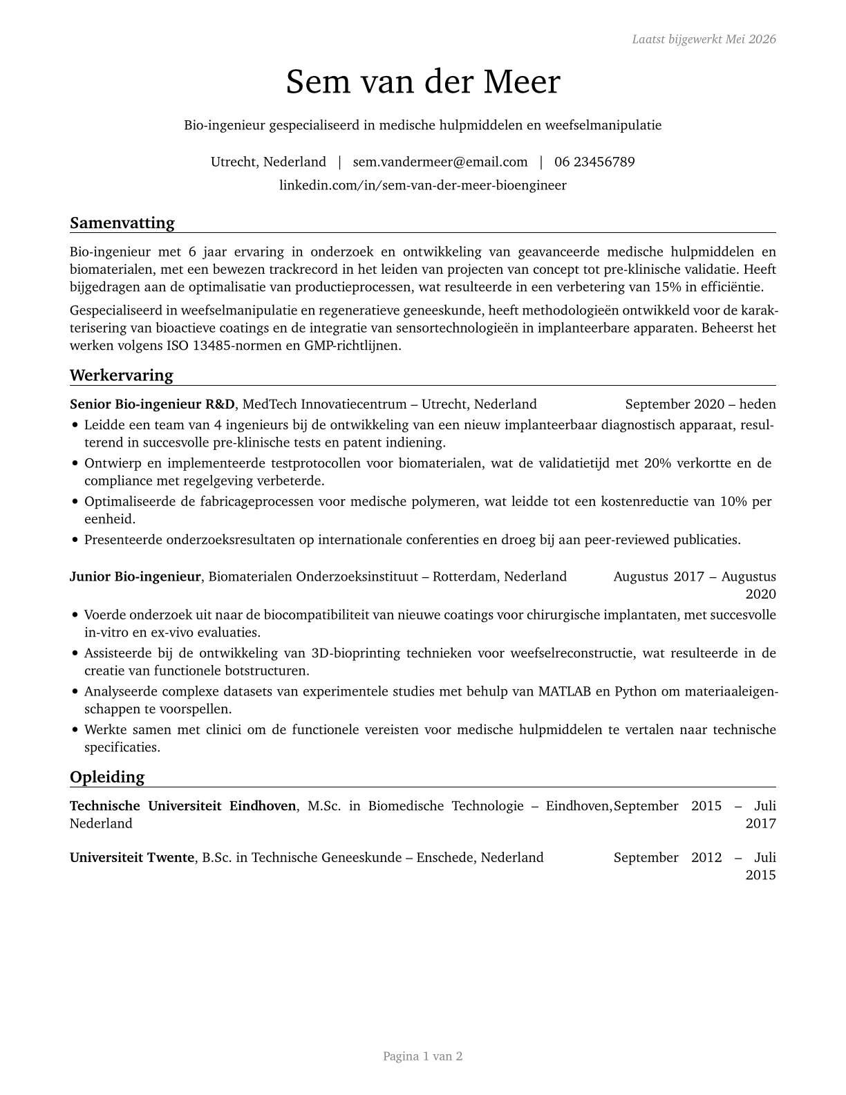 Bioengineers and Biomedical Engineers CV in Dutch — page 1