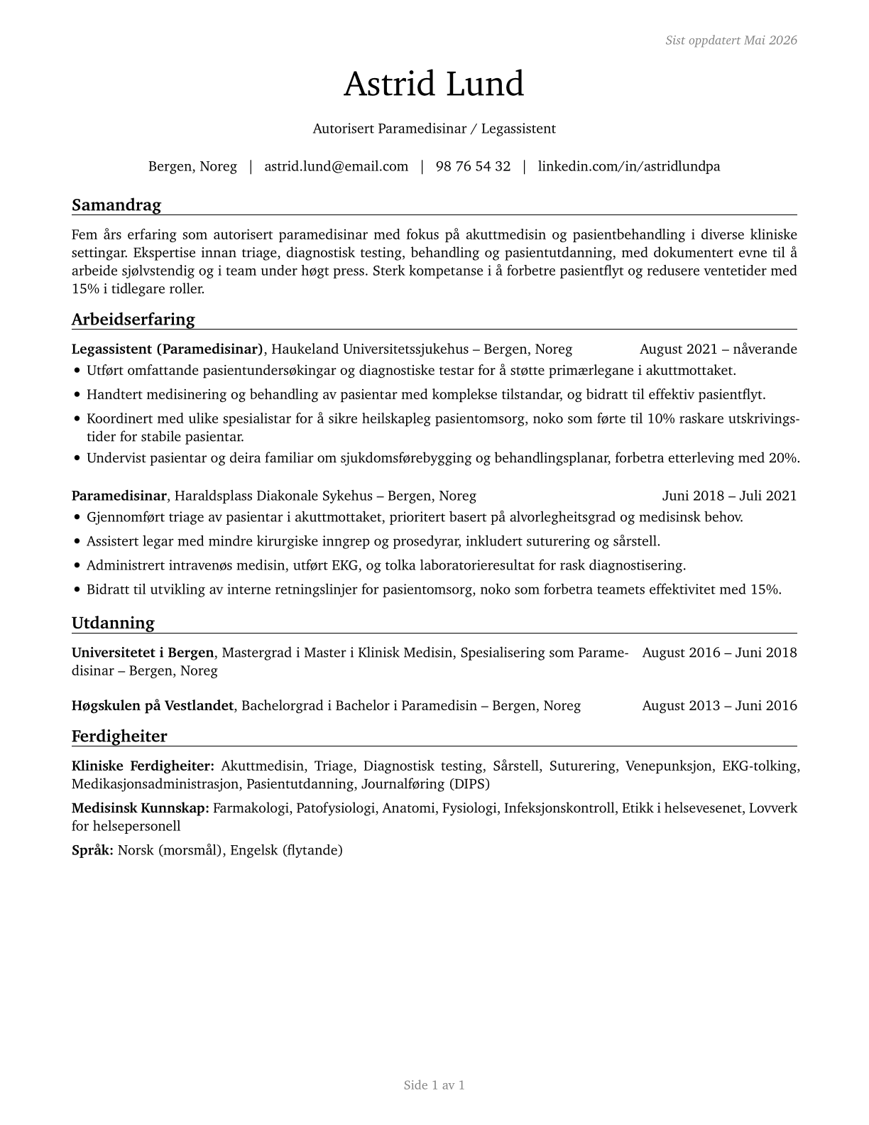 Physician Assistants CV in Norwegian_nynorsk — page 1