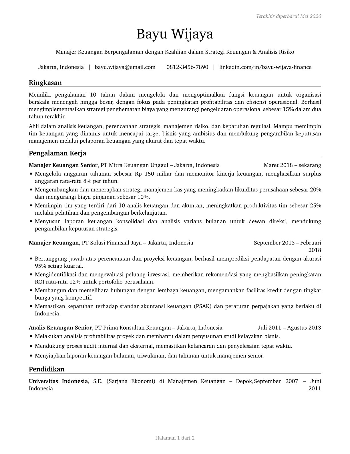 Financial Managers CV in Indonesian — page 1