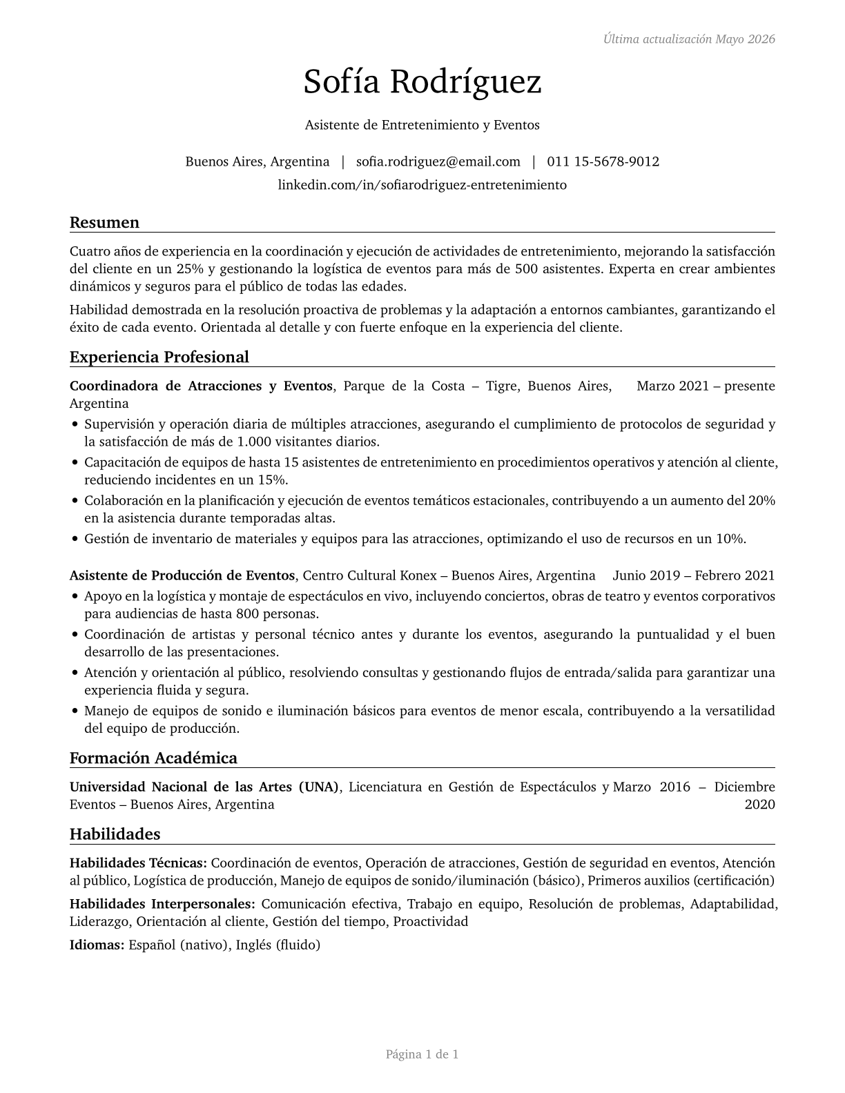 Entertainment Attendants and Related Workers, All Other CV in Spanish — page 1