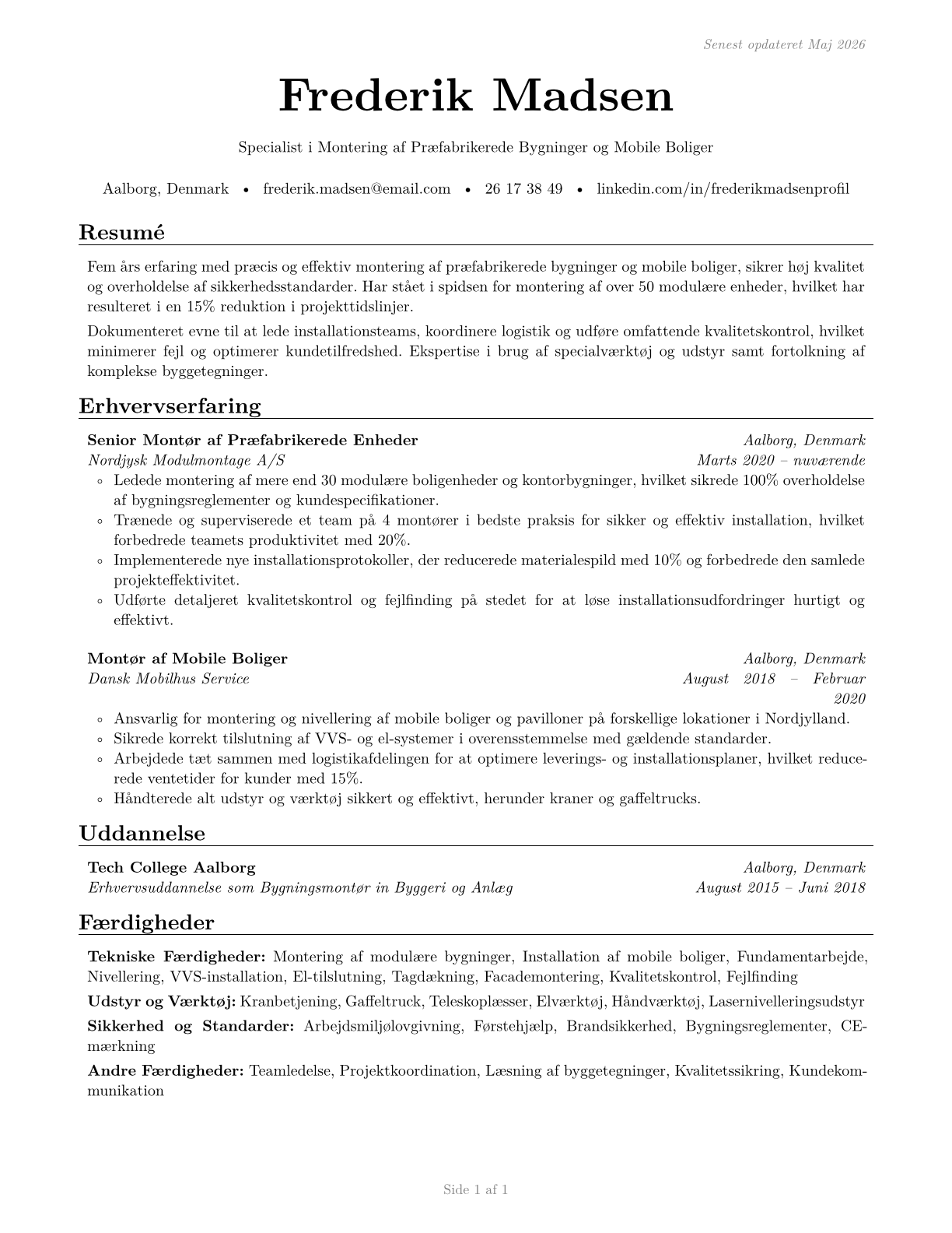 Manufactured Building and Mobile Home Installers CV in Danish — page 1