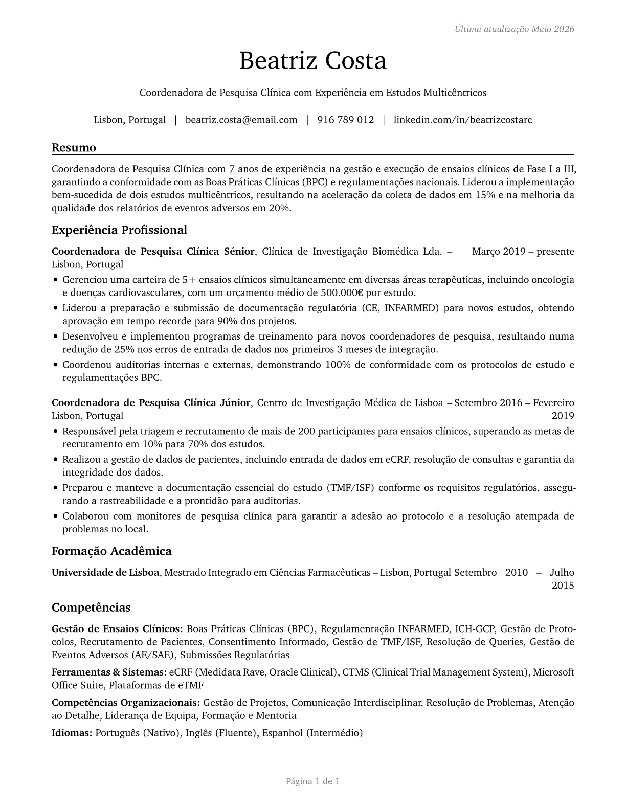 Clinical Research Coordinators CV in Portuguese — page 1