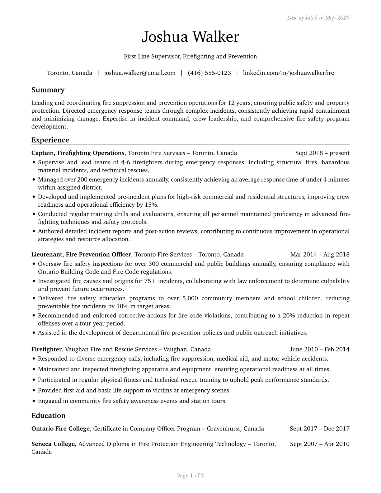 First-Line Supervisors of Firefighting and Prevention Workers CV in English — page 1