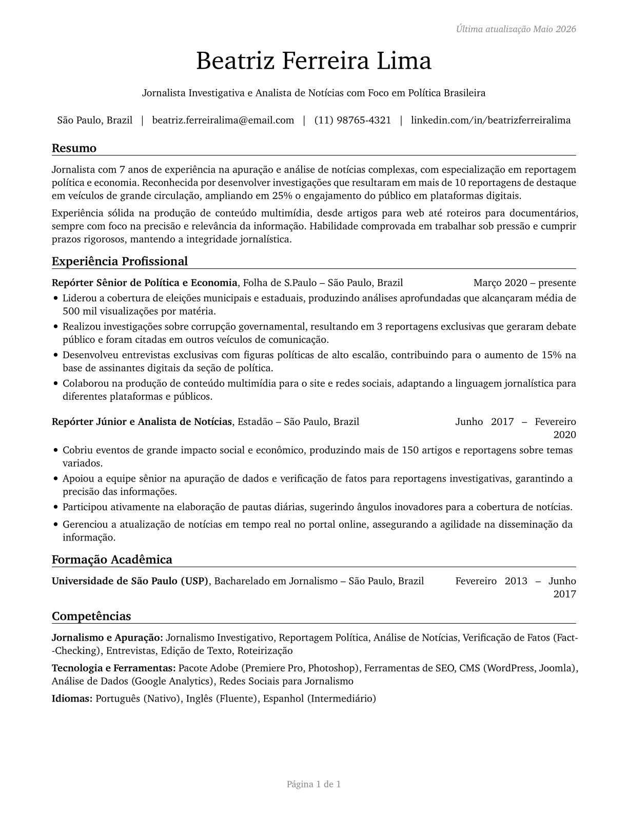 News Analysts, Reporters, and Journalists CV in Portuguese — page 1