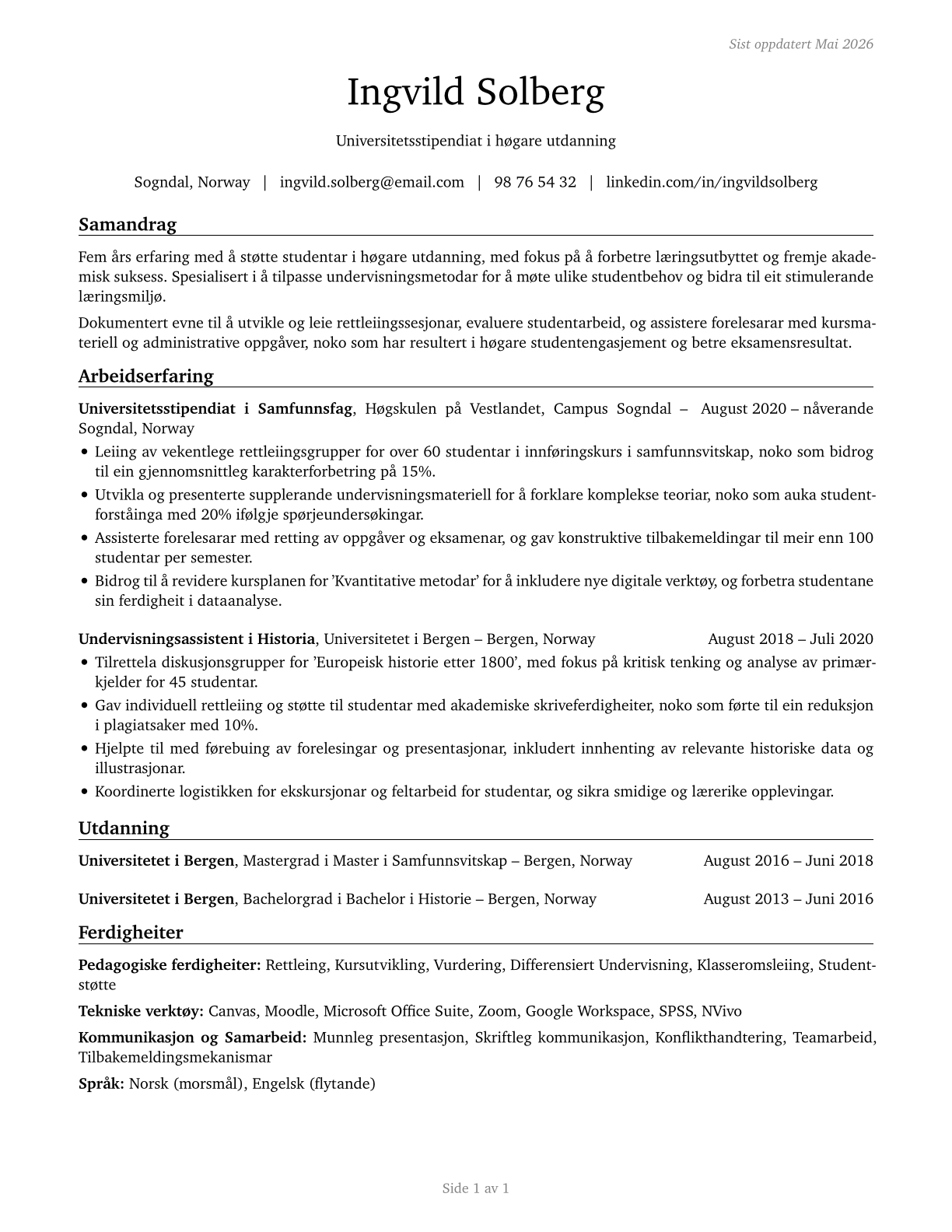 Teaching Assistants, Postsecondary CV in Norwegian_nynorsk — page 1