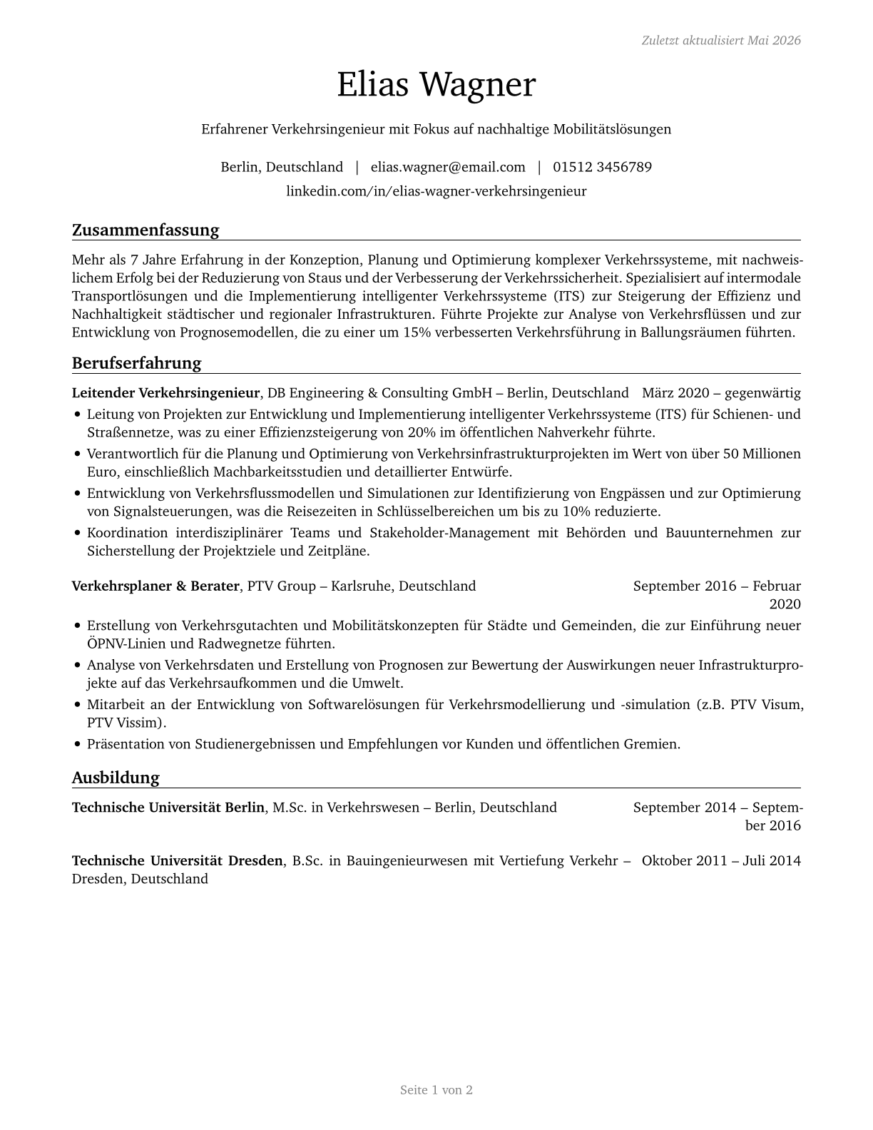 Transportation Engineers CV in German — page 1