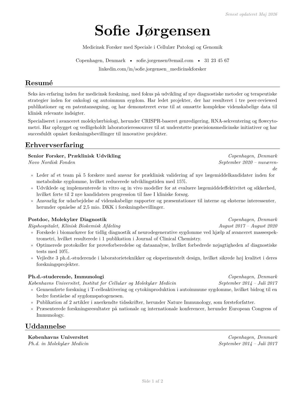 Medical Scientists, Except Epidemiologists CV in Danish — page 1