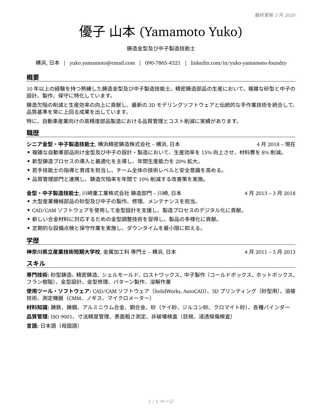 Foundry Mold and Coremakers CV in Japanese — page 1