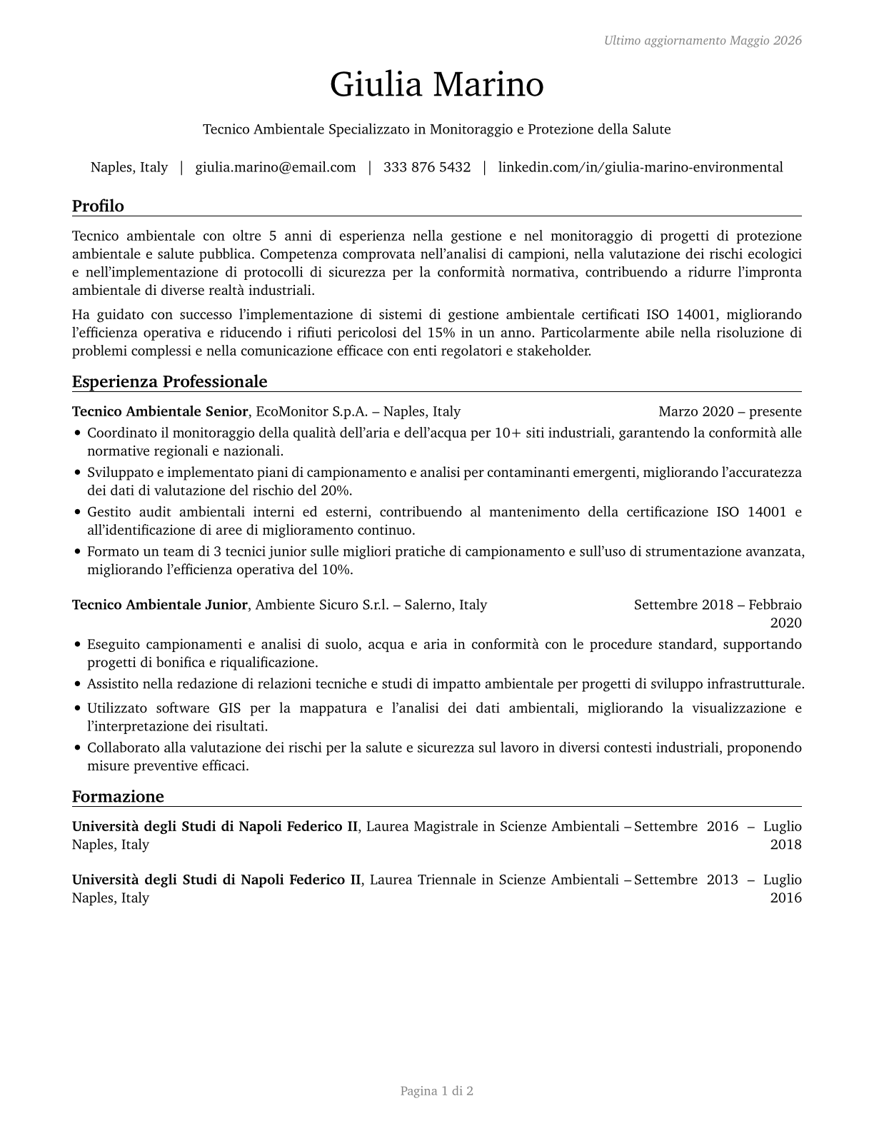 Environmental Science and Protection Technicians, Including Health CV in Italian — page 1