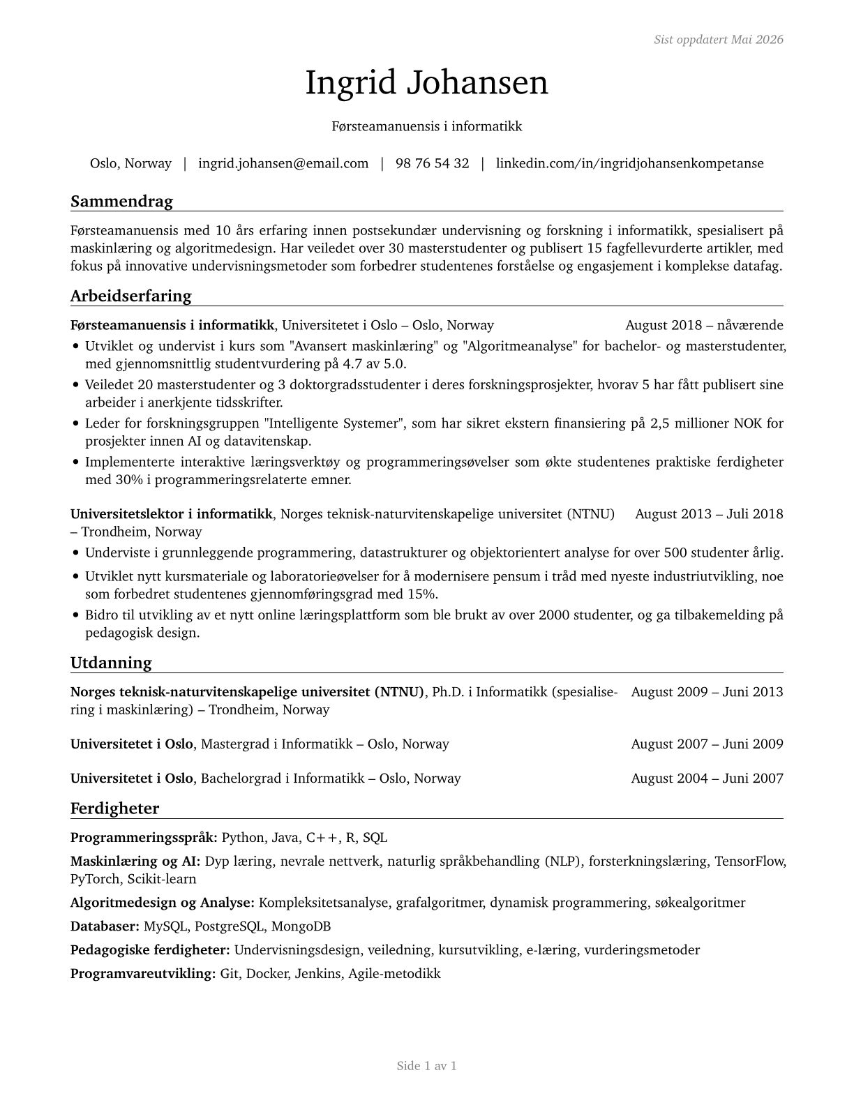 Computer Science Teachers, Postsecondary CV in Norwegian_bokmal — page 1