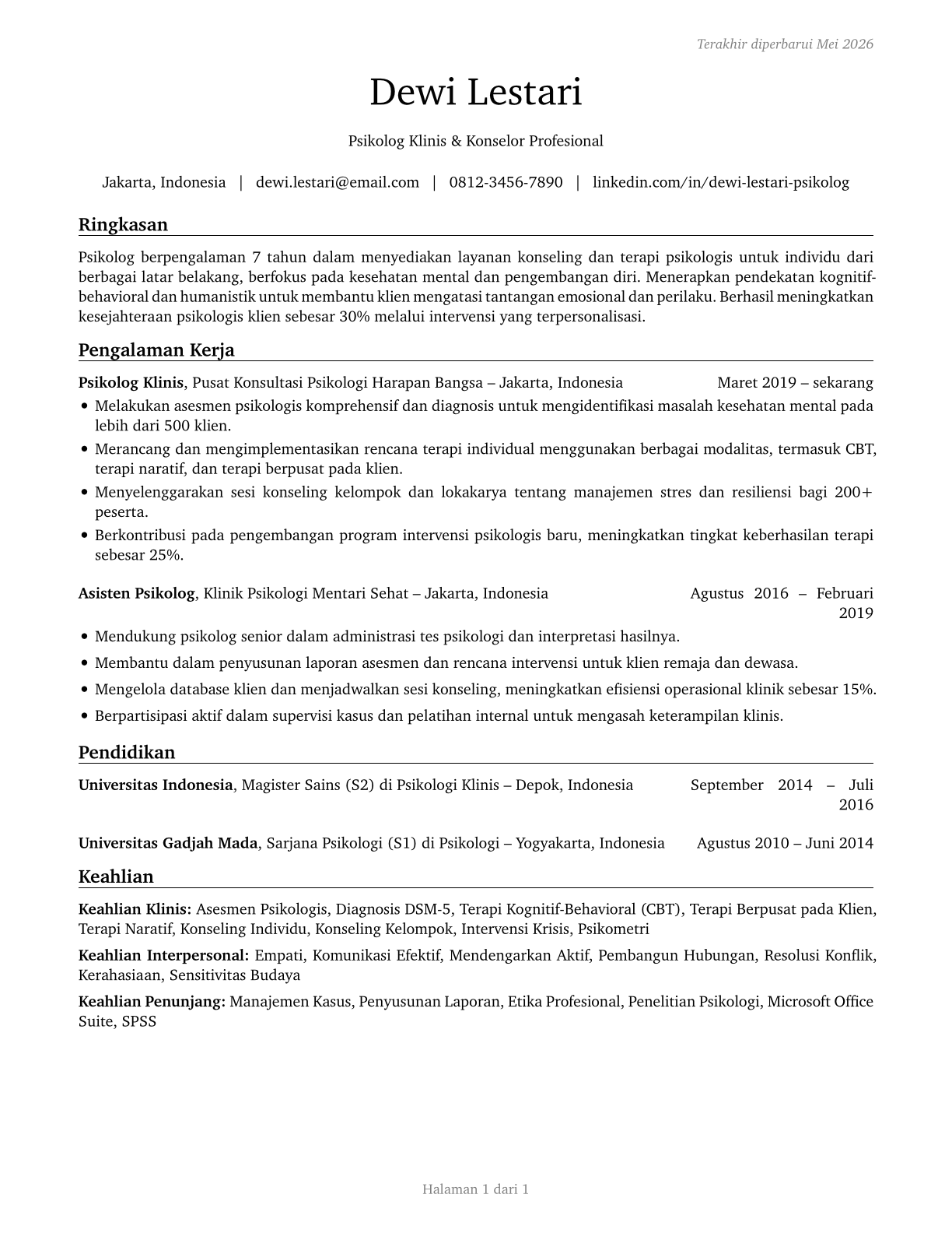 Psychologists, All Other CV in Indonesian — page 1