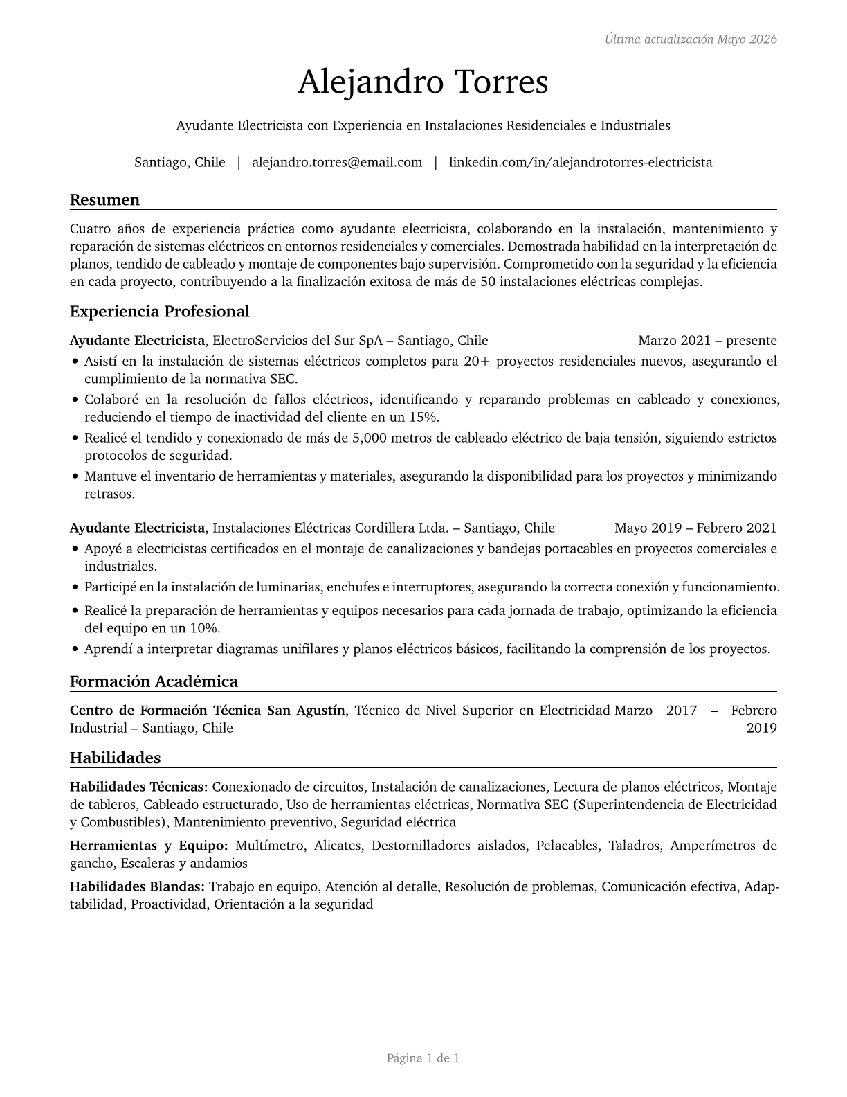 Helpers--Electricians CV in Spanish — page 1