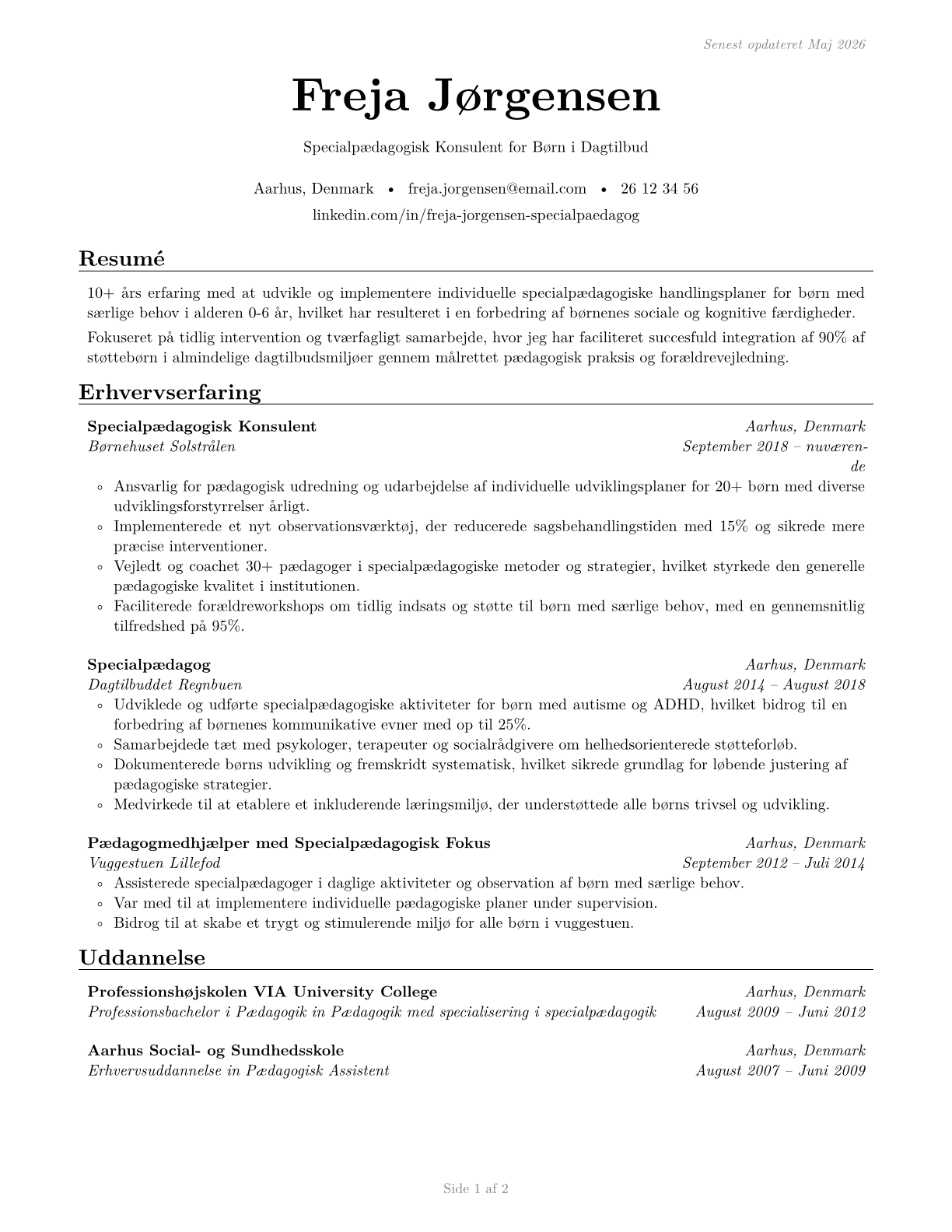 Special Education Teachers, Preschool CV in Danish — page 1