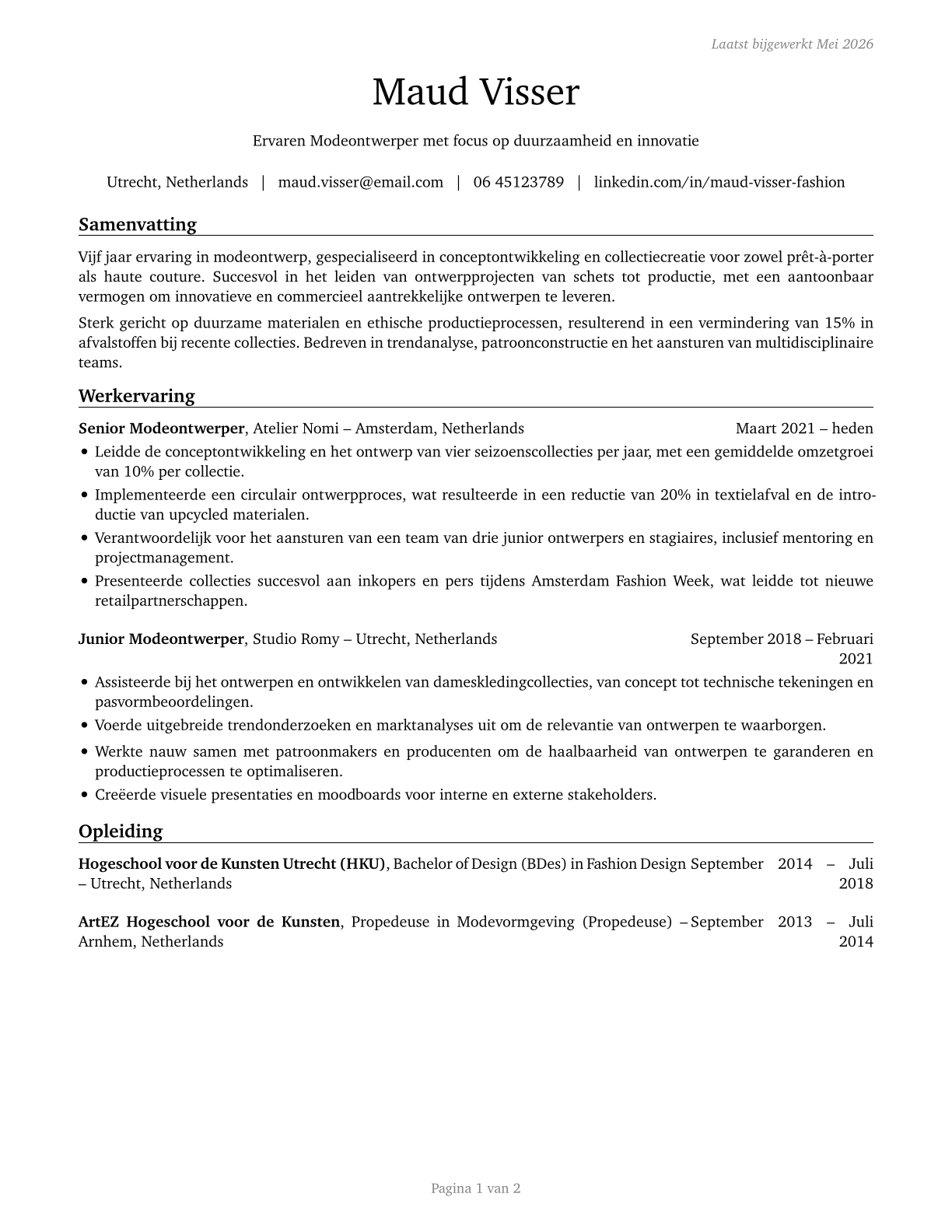 Fashion Designers CV in Dutch — page 1
