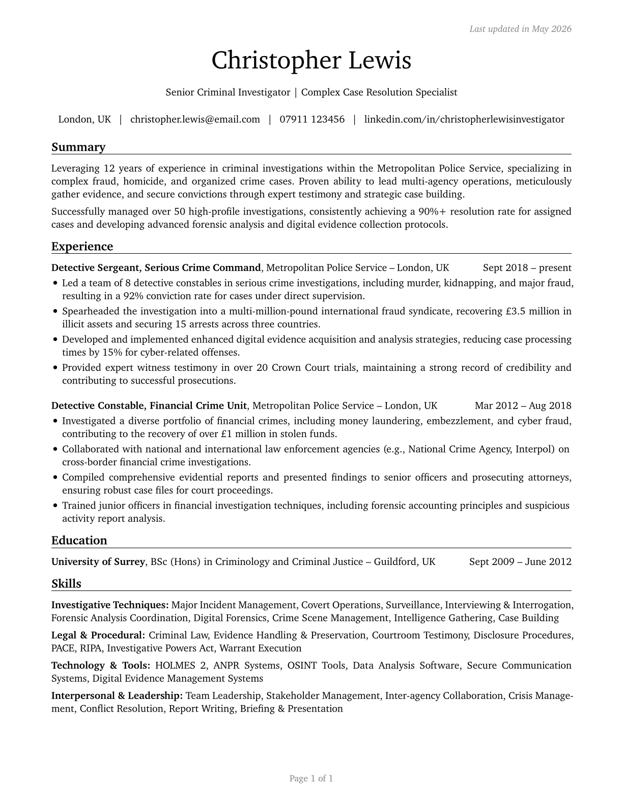 Detectives and Criminal Investigators CV in English — page 1