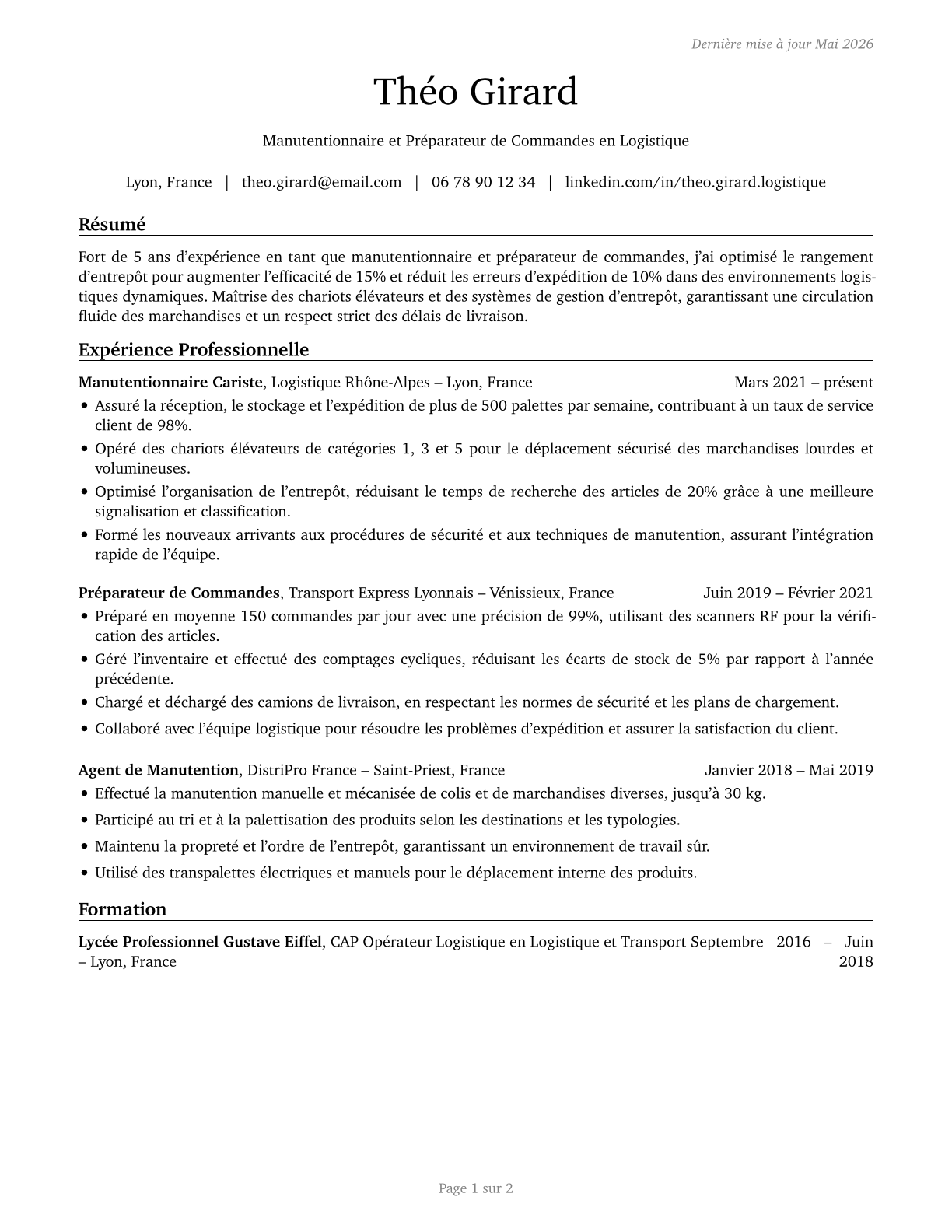 Laborers and Freight, Stock, and Material Movers, Hand CV in French — page 1