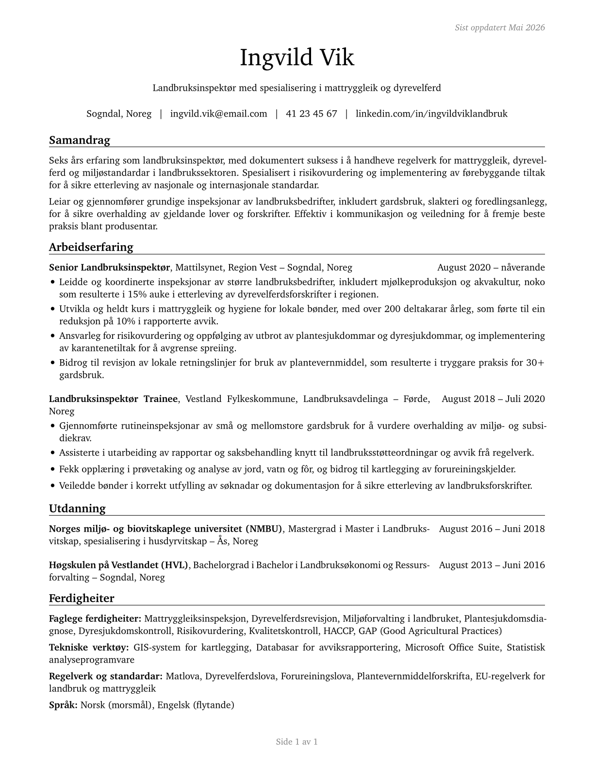Agricultural Inspectors CV in Norwegian_nynorsk — page 1