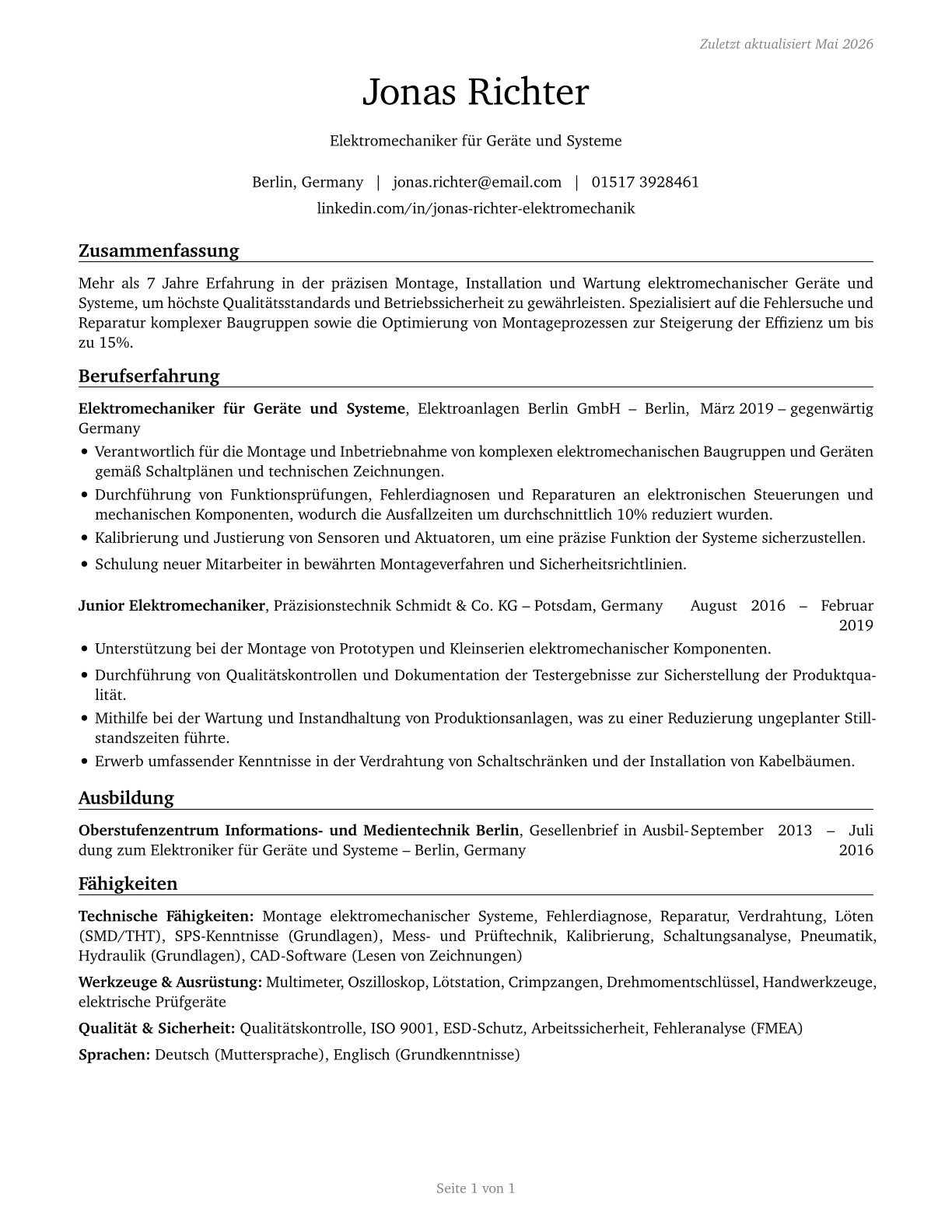 Electromechanical Equipment Assemblers CV in German — page 1