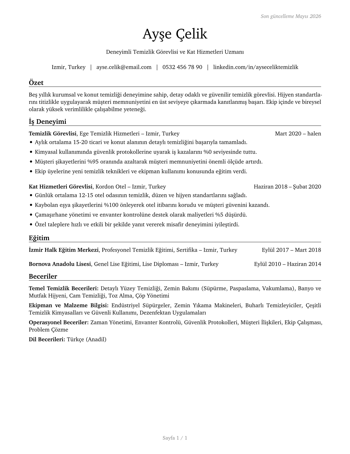 Maids and Housekeeping Cleaners CV in Turkish — page 1